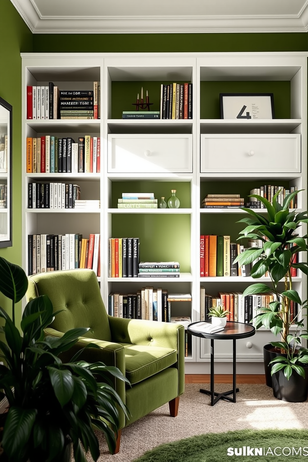 Chic green color palette for modern appeal. The room features a sleek green accent wall complemented by minimalist white shelving filled with books and decorative items. Green Home Library Design Ideas. A cozy reading nook is created with a plush green armchair and a small side table, surrounded by lush indoor plants and soft natural lighting.