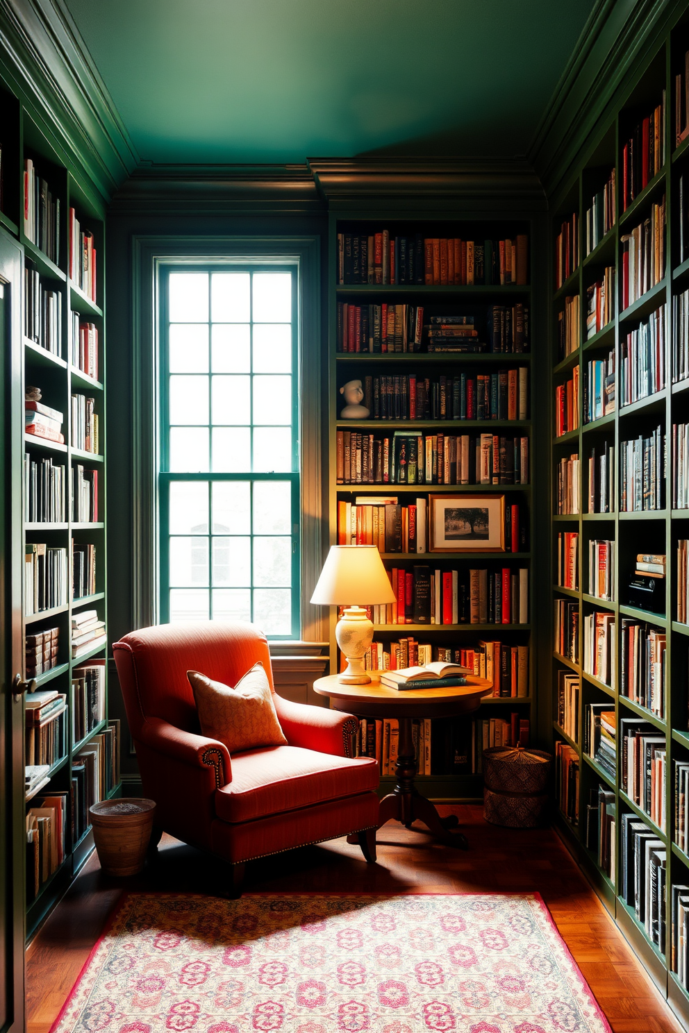 A cozy home library with deep green walls creates a dramatic and inviting atmosphere. The room features floor-to-ceiling bookshelves filled with an array of books and decorative items, complemented by a plush armchair in a rich fabric. A large window allows natural light to filter in, illuminating a wooden reading table adorned with a stylish lamp. Soft, warm lighting enhances the ambiance, making it the perfect space for reading and relaxation.