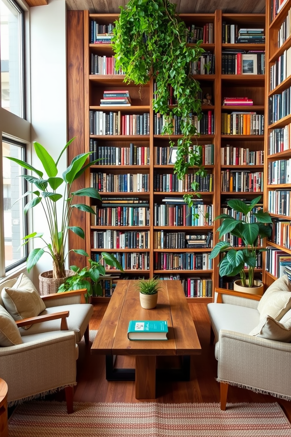 A cozy home library featuring reclaimed wood shelves filled with an array of books. The space is adorned with lush green plants that bring a touch of nature indoors. A large wooden table sits in the center, surrounded by comfortable chairs that invite reading and relaxation. Soft, warm lighting creates an inviting atmosphere, perfect for curling up with a good book.