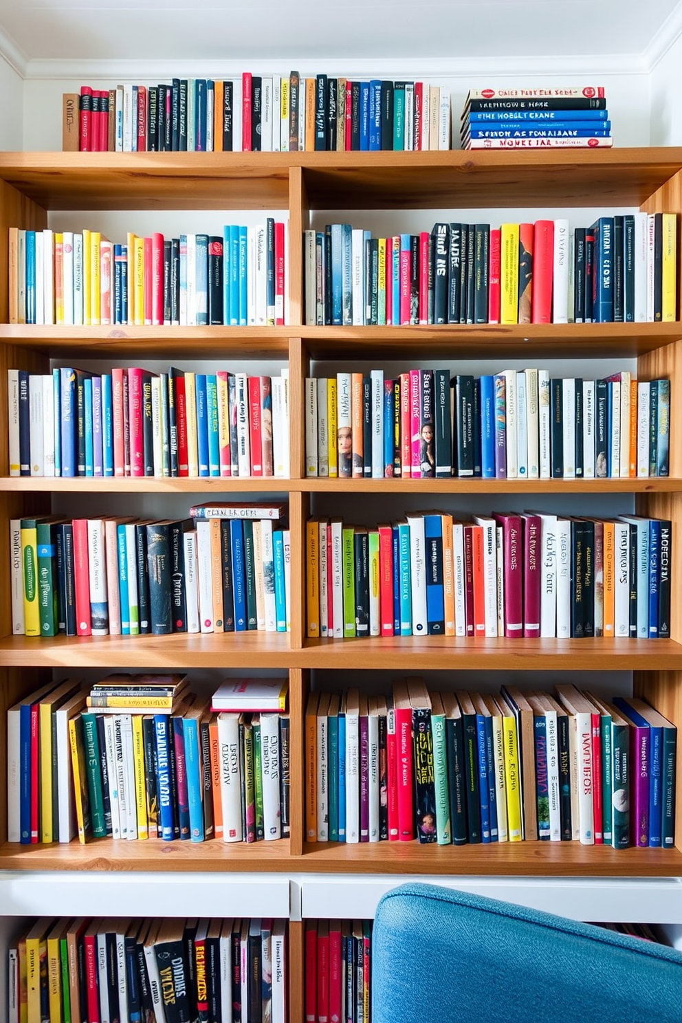 A cozy home library featuring open shelving that showcases a vibrant collection of colorful book spines. The shelves are crafted from reclaimed wood and are arranged against a backdrop of soft white walls, creating a bright and inviting atmosphere.