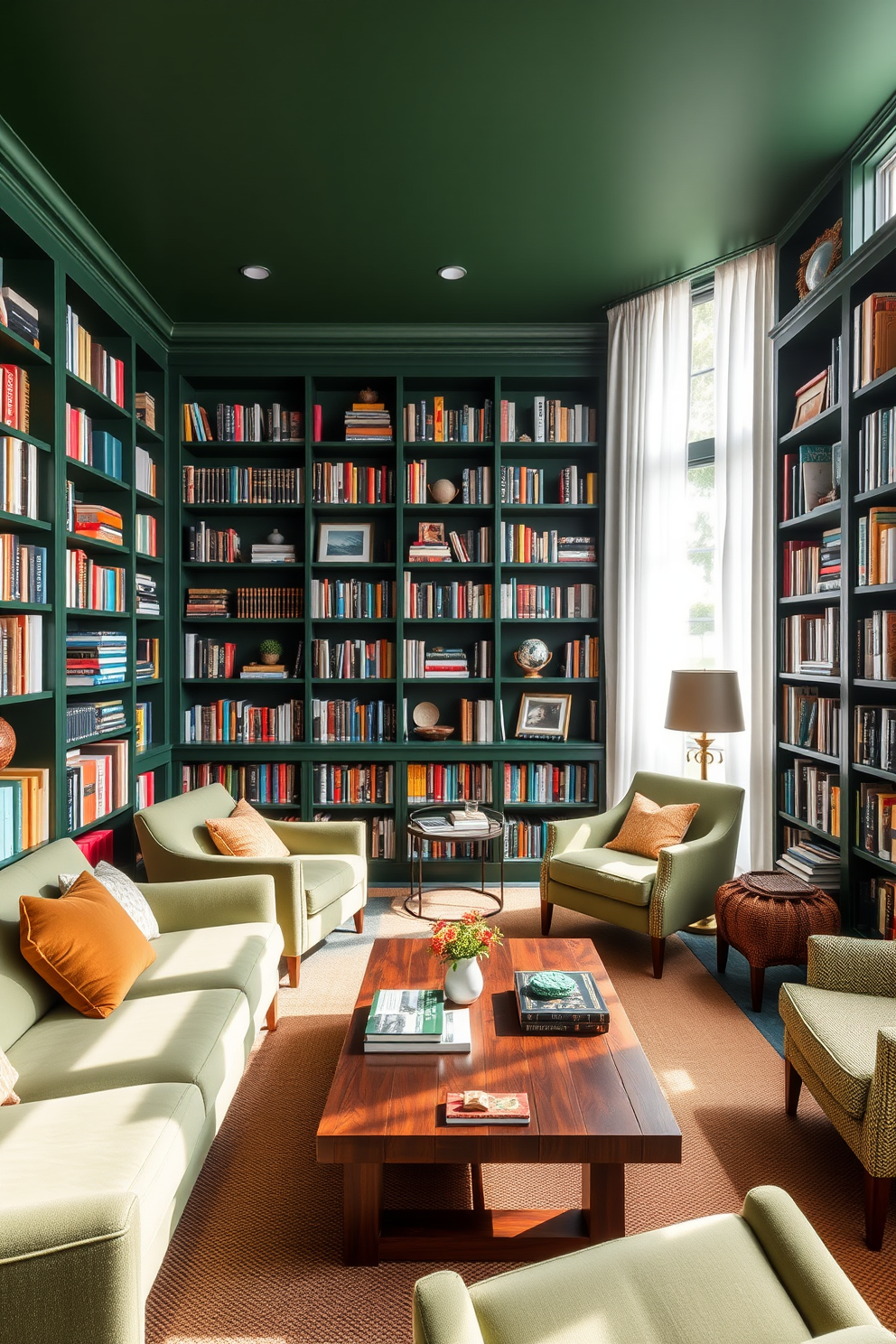 A cozy home library featuring a blend of dark and light green shades on the walls and furniture. Plush seating in a soft light green complements dark green bookshelves filled with a variety of books. Natural light floods the space through large windows adorned with sheer white curtains. A wooden coffee table sits in the center, surrounded by comfortable armchairs, creating an inviting reading nook.