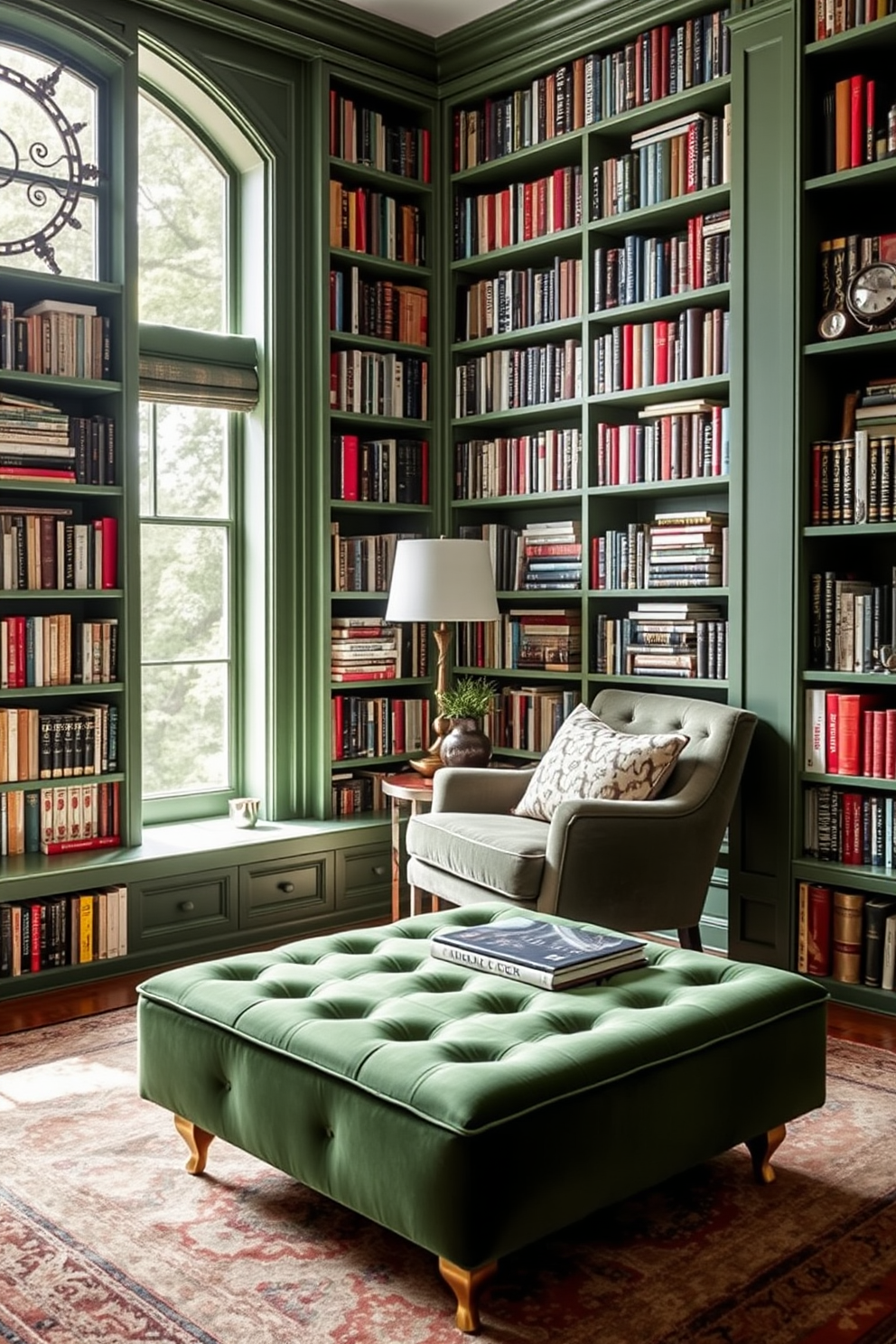 A stylish green ottoman designed for additional seating is placed in a cozy corner of the room. The ottoman features a soft velvet fabric and elegant gold legs, complementing the surrounding decor. The green home library is designed with floor-to-ceiling bookshelves filled with a variety of books. A comfortable reading nook with a plush armchair and a small side table is positioned near a large window, allowing natural light to flood the space.