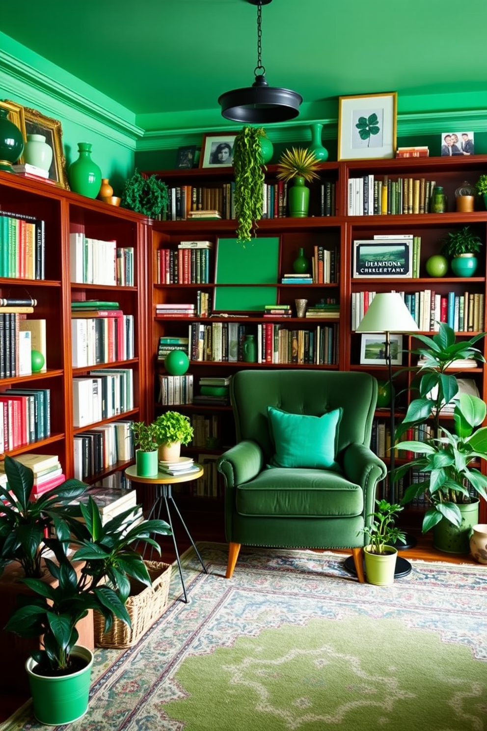 A cozy home library filled with whimsical green accents. The shelves are lined with books, and various decor items in shades of green add a playful touch throughout the space. A large, plush armchair in a deep green fabric sits in the corner, complemented by a small side table. Potted plants and decorative objects in vibrant green hues create a lively atmosphere, enhancing the inviting ambiance of the library.