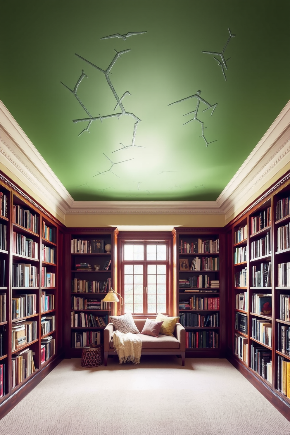 A bold green ceiling creates an adventurous atmosphere in the room. The library features floor-to-ceiling bookshelves made of rich dark wood, filled with an array of books and decorative items. A cozy reading nook is nestled by a large window, adorned with plush cushions and a soft throw blanket. The walls are painted in a soft cream color, providing a warm contrast to the vibrant ceiling.