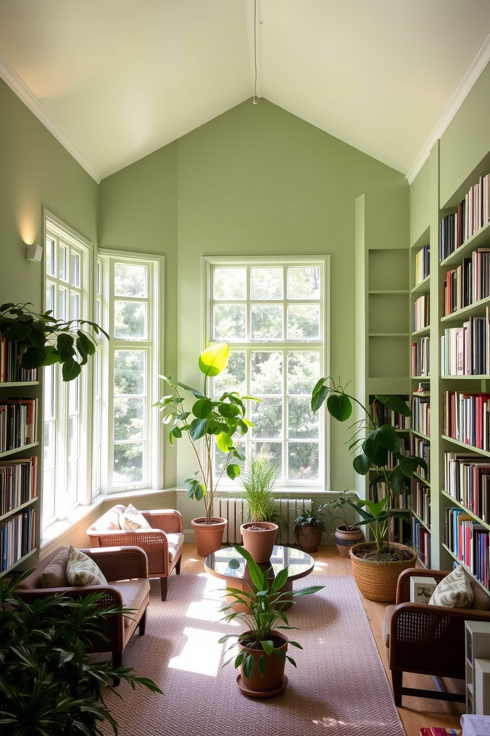 A serene home library filled with natural light. The walls are painted in a soft green hue, adorned with shelves of books and cozy seating areas. Large windows allow sunlight to stream in, illuminating the space. Potted plants are strategically placed throughout, adding a touch of nature to the inviting atmosphere.