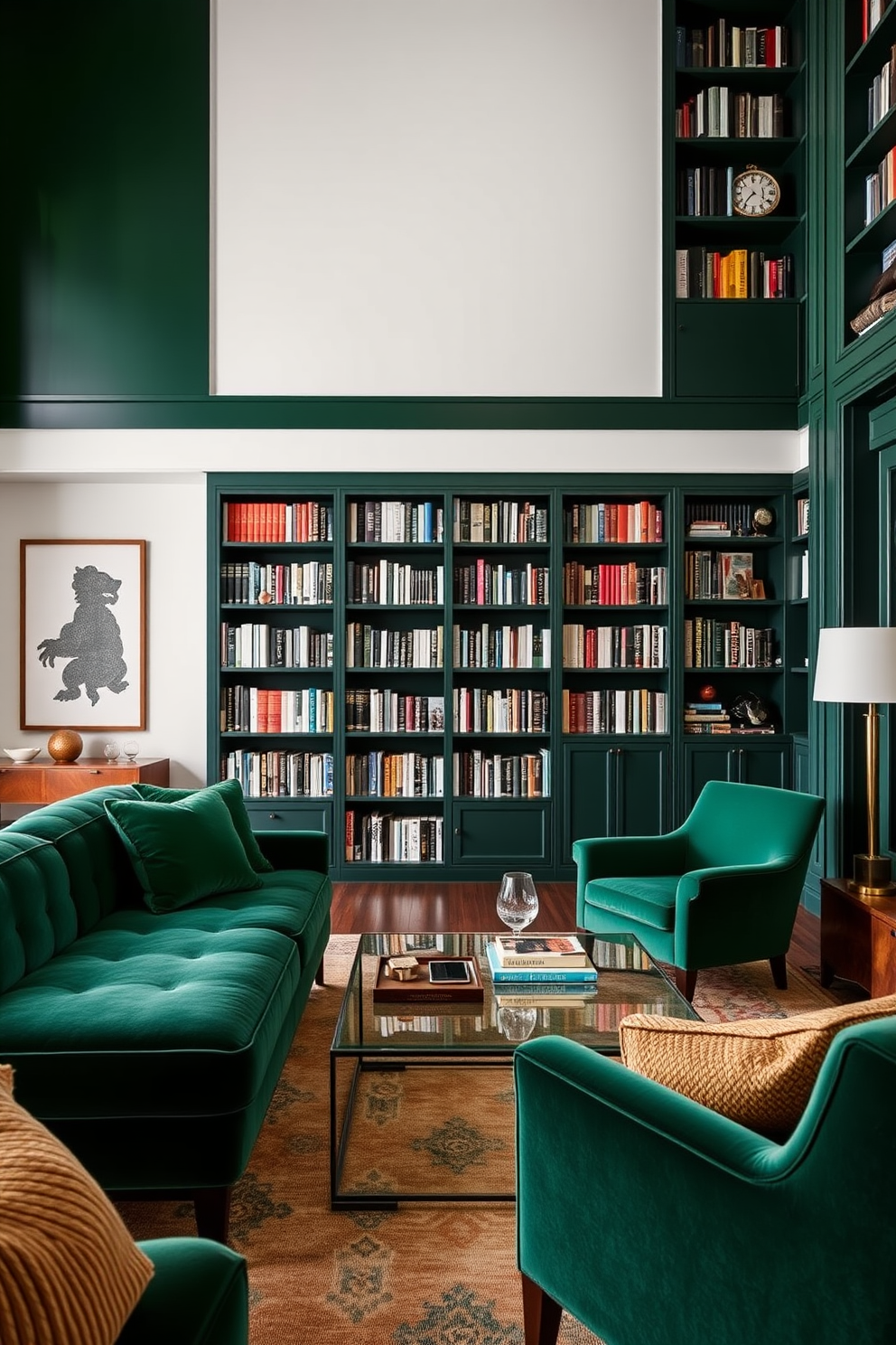 Contemporary green furniture for a sleek design. The space features a plush emerald green sofa paired with a minimalist glass coffee table, creating a harmonious balance of comfort and sophistication. Green Home Library Design Ideas. The library showcases built-in bookshelves painted in a deep forest green, complemented by a cozy reading nook with a stylish green armchair and warm wooden accents.