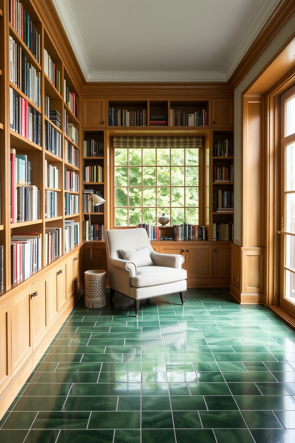 A serene home library featuring creative use of green tiles for flooring. The walls are lined with built-in wooden bookshelves filled with books, and a cozy reading nook is positioned near a large window. Soft natural light filters in, illuminating the space. A plush armchair in a neutral tone complements the vibrant green tiles, creating a harmonious and inviting atmosphere.