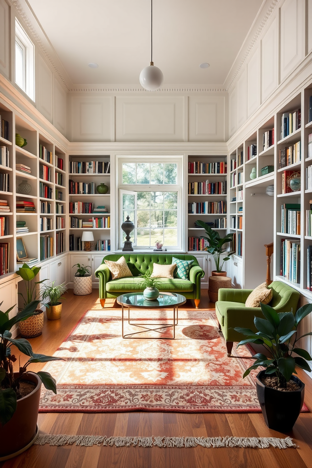 A cozy home library filled with natural light. The walls are lined with floor-to-ceiling bookshelves painted in a soft white, showcasing a collection of books and decorative green accessories. Comfortable seating is arranged in the center, featuring a plush green velvet sofa paired with a stylish armchair. A large area rug in earthy tones anchors the space, while potted plants add a touch of nature to the room.