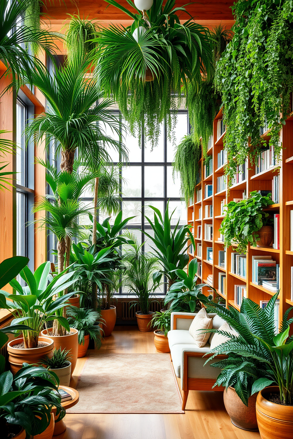 Lush indoor plants create a vibrant atmosphere filled with life and energy. The space features a variety of greenery, including tall palms and cascading ferns, arranged in stylish pots throughout the room. The green home library is designed with natural wood bookshelves that reach the ceiling. Cozy reading nooks are integrated, complete with plush seating and soft lighting, surrounded by an abundance of indoor plants.