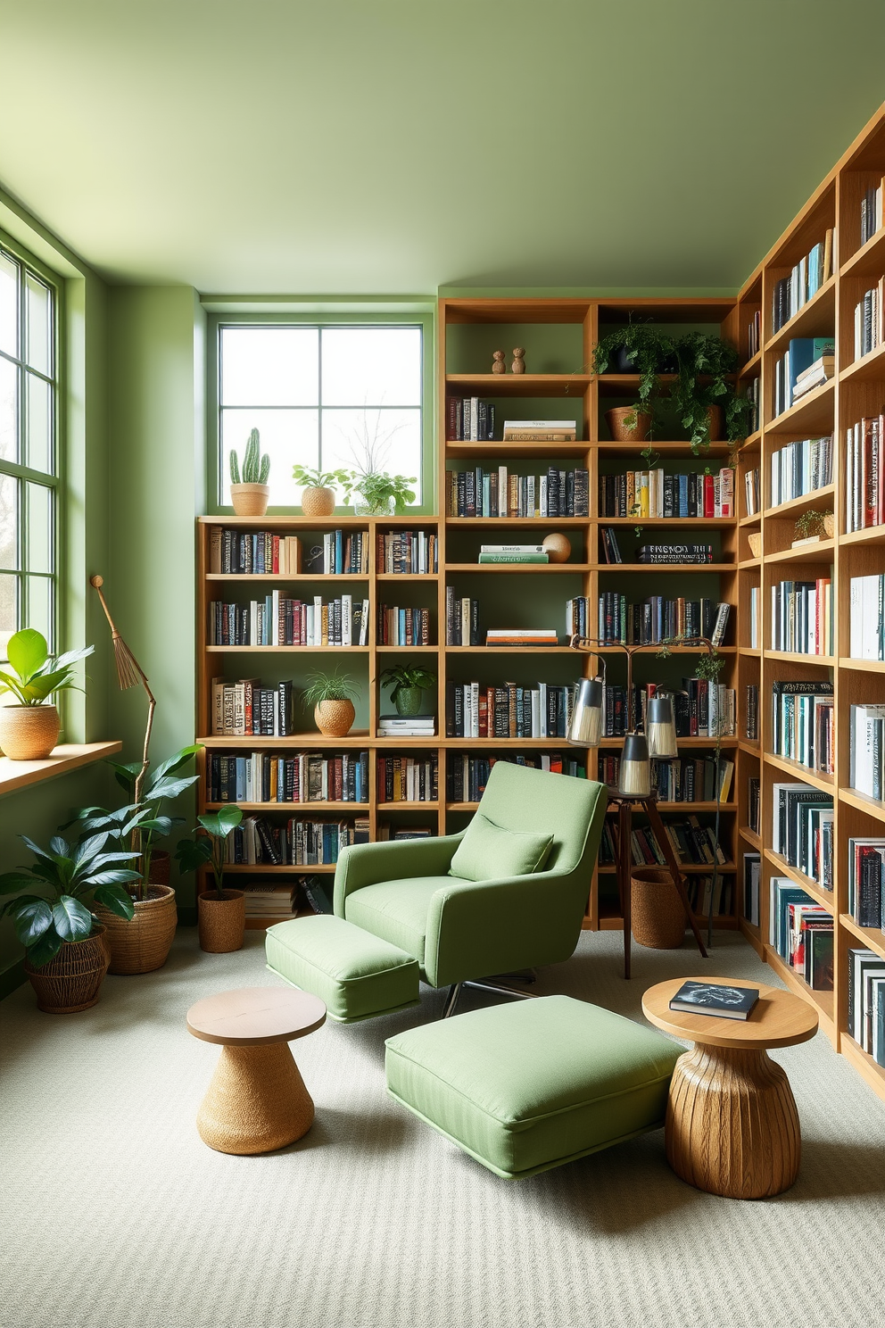 A calming green color scheme envelops the space, creating an atmosphere that promotes concentration and tranquility. The walls are adorned with soft green hues, complemented by natural wood shelving filled with books and decorative plants. The design features a cozy reading nook with a plush armchair upholstered in a muted green fabric. Large windows allow ample natural light to filter in, enhancing the serene ambiance of the home library.