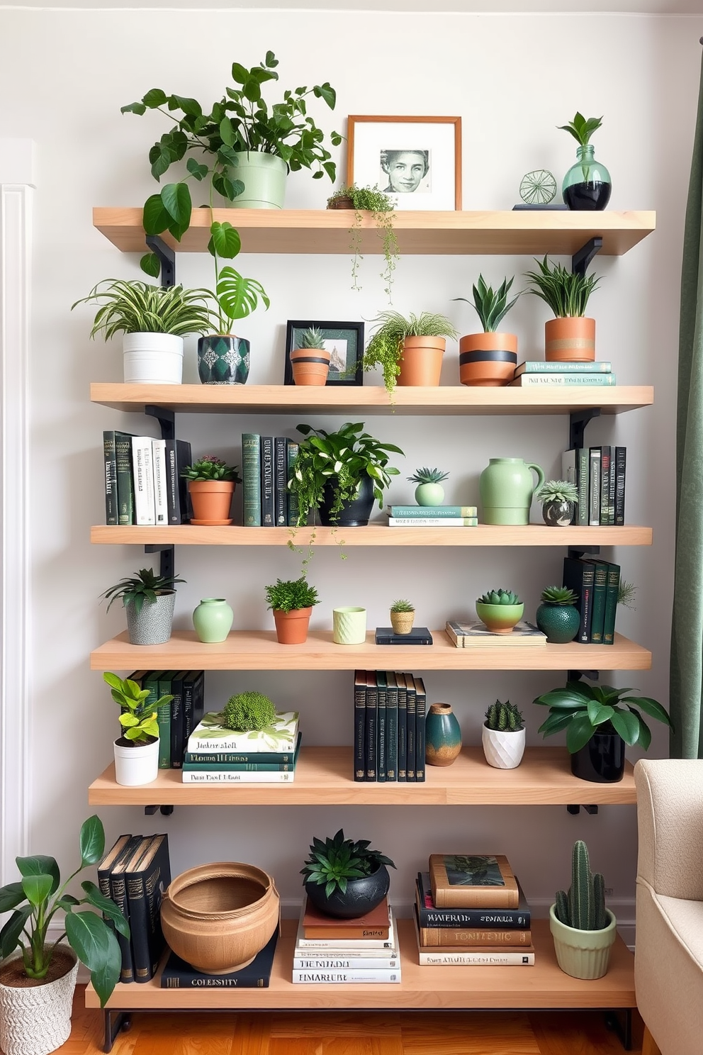 A cozy home library featuring floating shelves adorned with various green decor pieces. The shelves are filled with potted plants, books with green spines, and decorative objects that enhance the natural aesthetic.