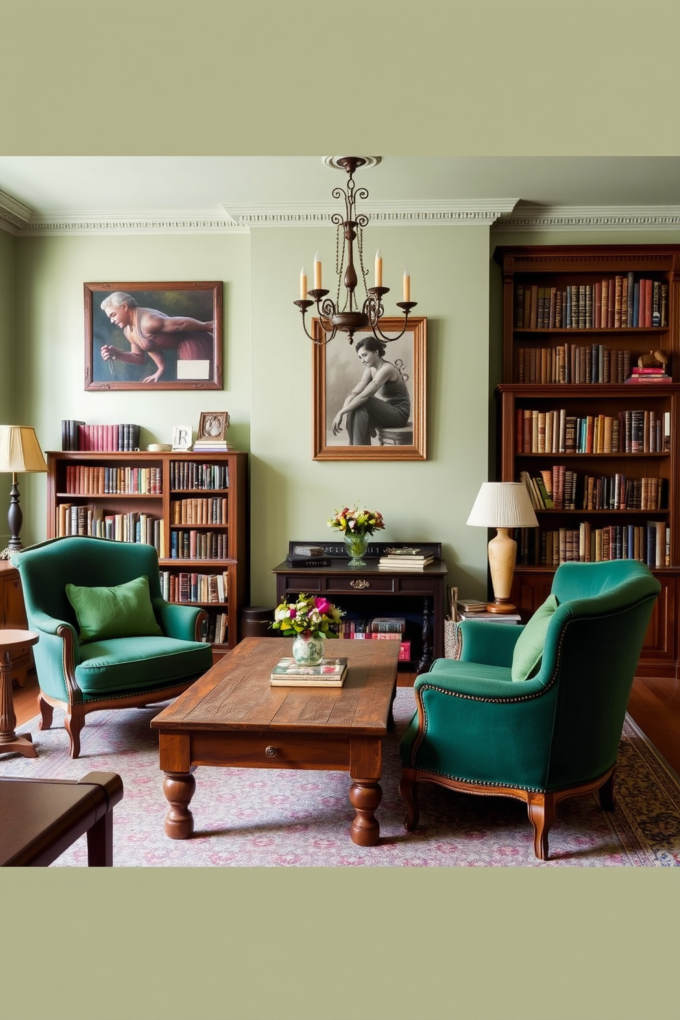 A cozy home library featuring vintage furniture with rich wood tones and soft green accents. Plush armchairs upholstered in a deep emerald fabric are positioned around a rustic wooden coffee table, while a collection of antique books adorns the shelves. The walls are painted in a light sage green, creating a serene backdrop for the room. A vintage chandelier hangs from the ceiling, casting a warm glow over the space, while a patterned area rug adds texture underfoot.