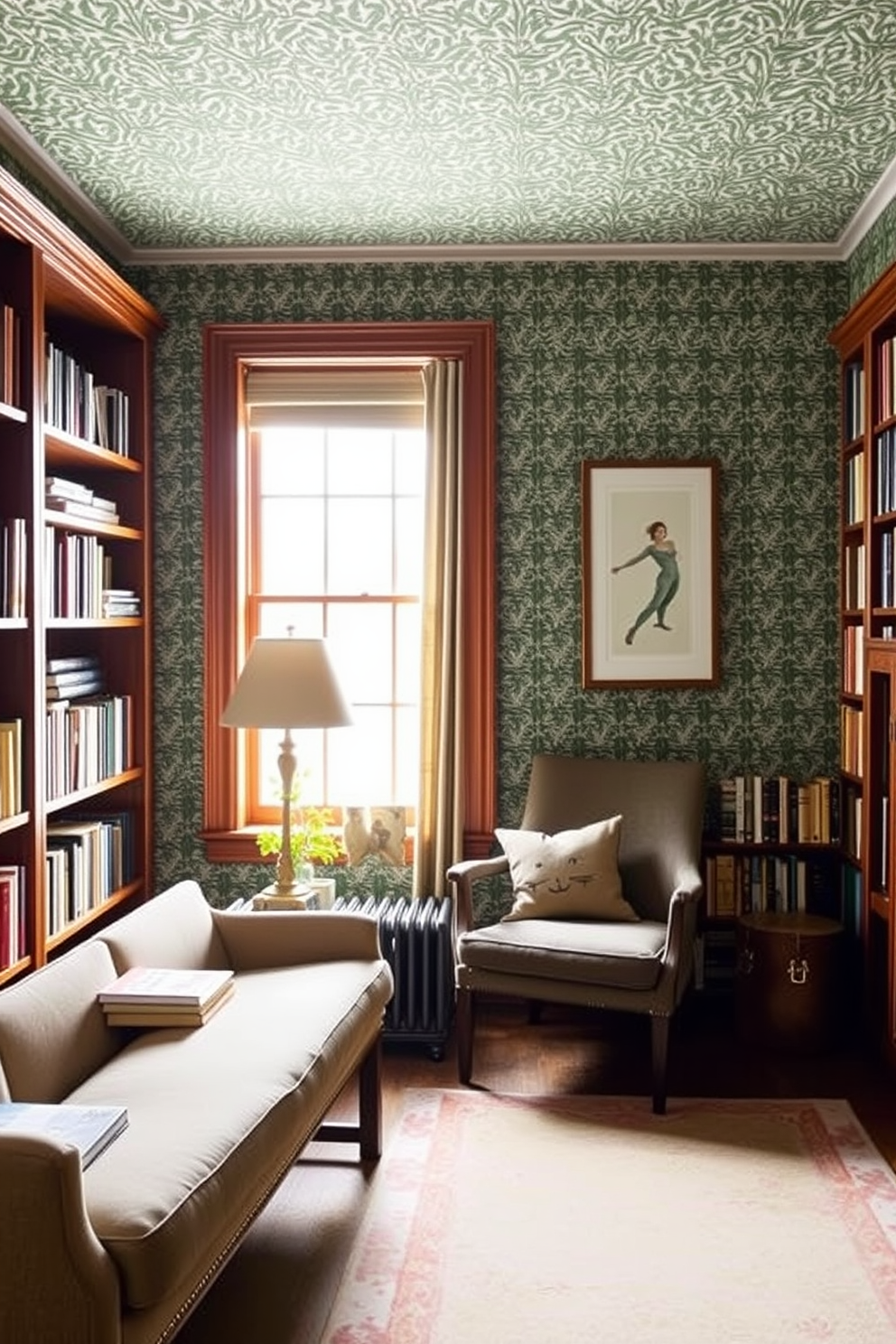 A cozy home library featuring green patterned wallpaper that adds a unique touch to the space. The room is filled with wooden bookshelves lined with books, and a comfortable reading chair is positioned near a window for natural light.