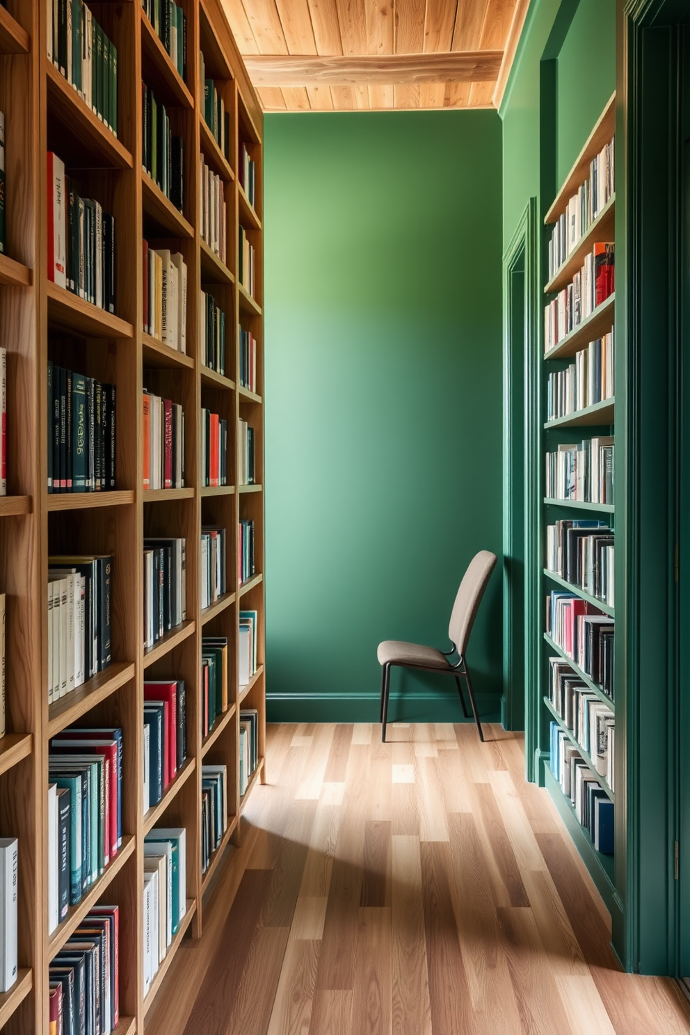 A cozy home library featuring natural wood elements that seamlessly blend with various shades of green. The walls are adorned with rich green paint, while wooden bookshelves filled with books create a warm and inviting atmosphere.