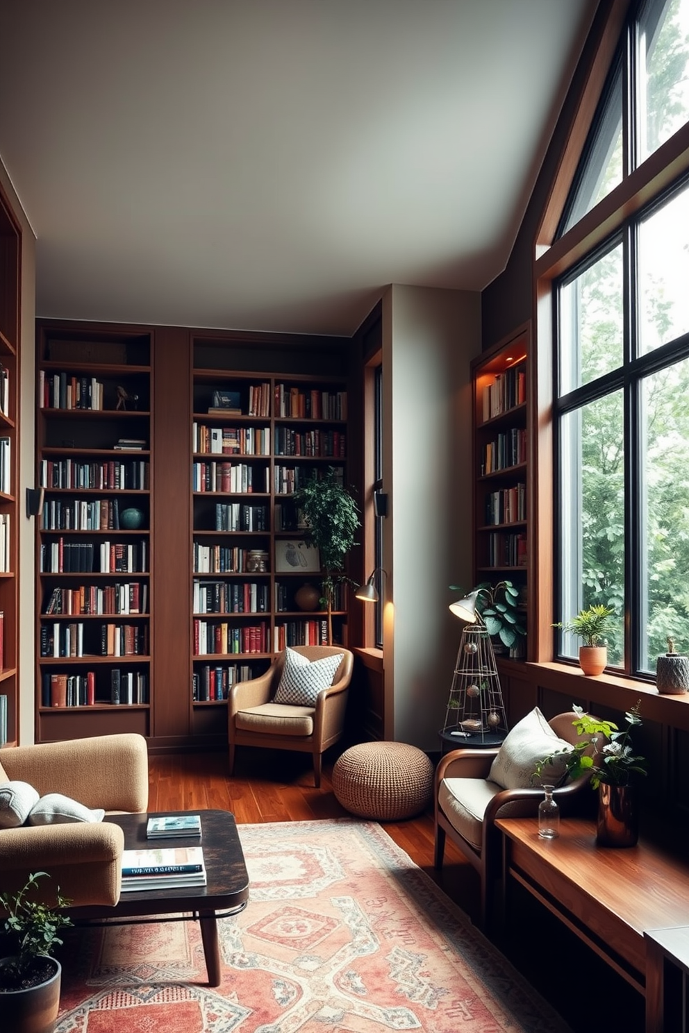 Layered lighting creates a warm and inviting atmosphere in the space. Incorporate a mix of ambient, task, and accent lighting to enhance the cozy feel of the room. Design a green home library that features natural materials and calming colors. Include built-in bookshelves, a comfortable reading nook, and large windows that allow natural light to flood the space.