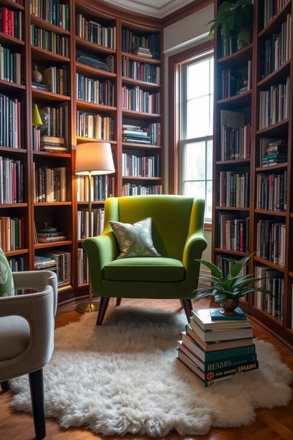 A statement green armchair is positioned in a cozy nook, surrounded by tall bookshelves filled with an eclectic mix of books and decorative items. Soft lighting from a nearby floor lamp creates a warm and inviting atmosphere, perfect for relaxation and reading. The home library features a combination of rich wooden elements and lush green accents, enhancing the overall aesthetic. A plush area rug lies beneath the armchair, adding comfort and style to the space while inviting you to unwind with a good book.