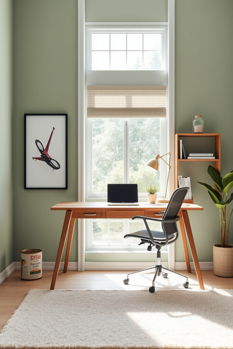 A modern home office featuring a sleek wooden desk positioned against a wall adorned with a vertical garden. The space is filled with natural light from large windows, and a comfortable ergonomic chair complements the green accents throughout the room. The walls are painted in a soft white, enhancing the vibrant greenery of the plants. A stylish bookshelf is placed nearby, showcasing books and decorative items that reflect a blend of functionality and aesthetics.