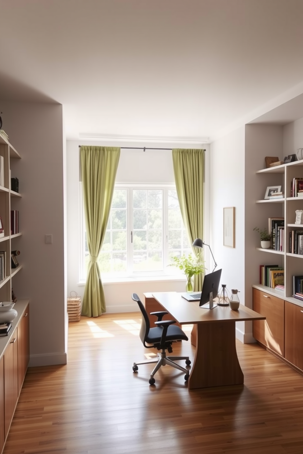 A serene home office space filled with natural light. The walls are painted a soft white, and a large window is adorned with green curtains that add a touch of texture and warmth. A sleek wooden desk is positioned in front of the window, complemented by a comfortable ergonomic chair. Shelves filled with books and decorative items line the walls, creating an inviting and inspiring atmosphere.