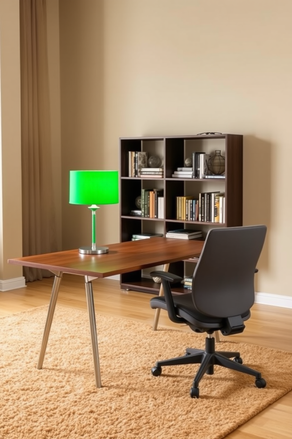 A stylish green desk lamp sits on a sleek wooden desk in a contemporary home office. The walls are painted in a soft beige, complemented by a plush area rug in earthy tones, creating a warm and inviting atmosphere. Incorporate a modern bookshelf filled with neatly arranged books and decorative items to enhance the space. A comfortable ergonomic chair in a muted gray adds functionality while maintaining the aesthetic appeal of the room.