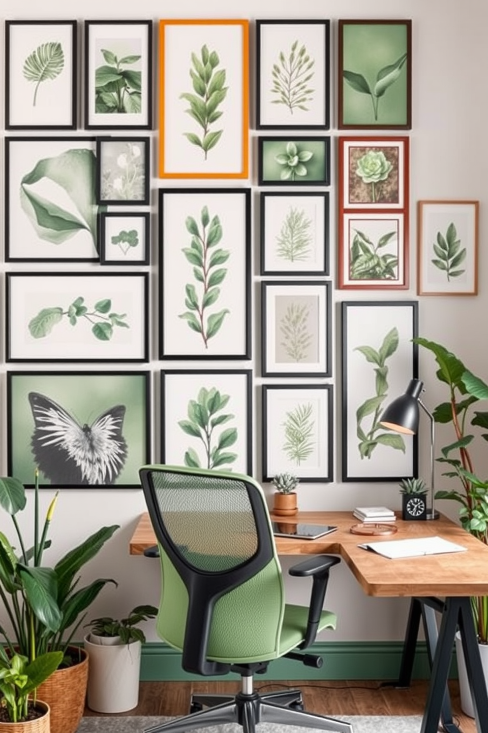 Create a gallery wall featuring various pieces of green-themed art. The artwork should include abstract prints, botanical illustrations, and framed photographs that evoke a sense of nature. Design a home office that incorporates green tones and natural materials. The space should have a wooden desk, a comfortable ergonomic chair, and plenty of plants to enhance productivity and create a calming atmosphere.