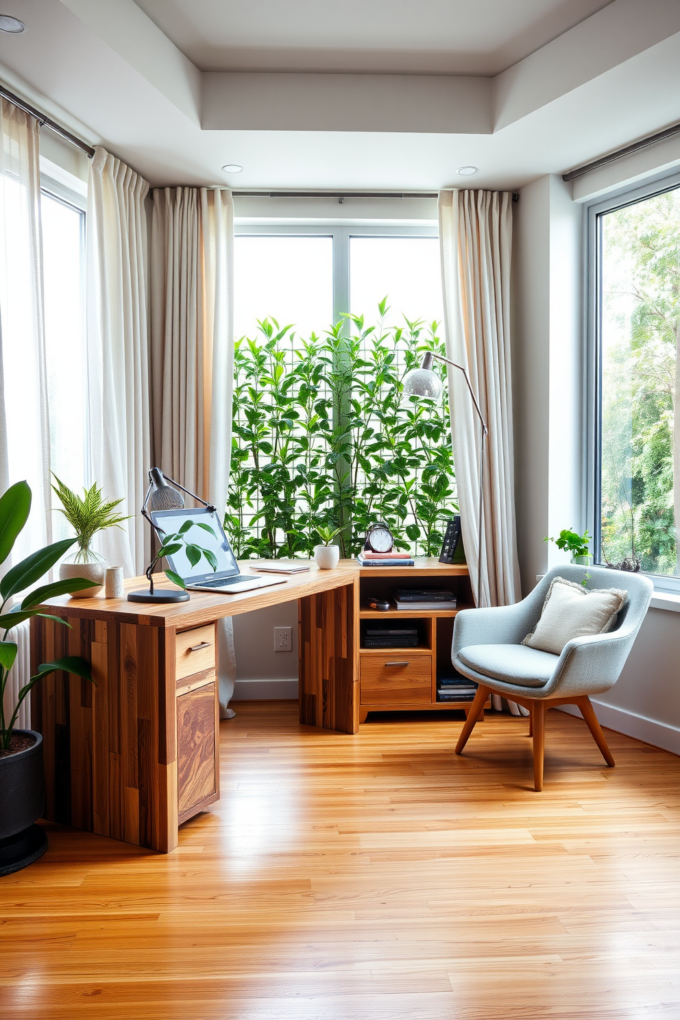 A serene green home office space featuring a large desk made of reclaimed wood positioned against a light gray wall. Hanging planters filled with lush greenery are suspended from the ceiling, creating a refreshing and vibrant atmosphere. The office chair is upholstered in a soft, earthy tone, complementing the natural elements in the room. A large window allows ample natural light to flood the space, enhancing the connection to nature.