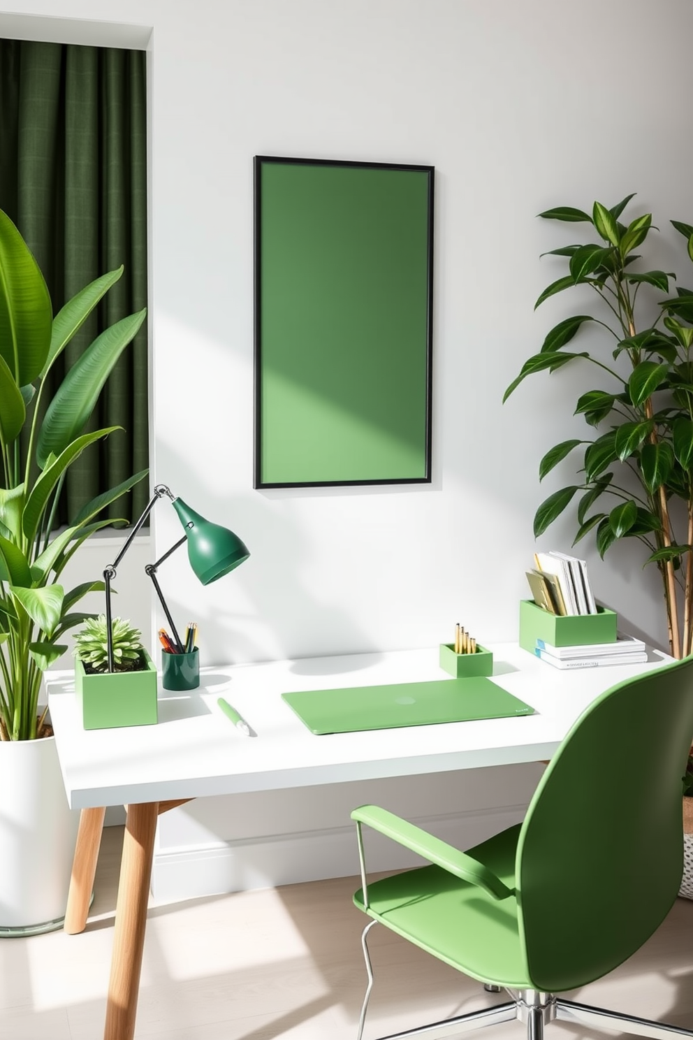 A serene home office space designed with green stationery to create a cohesive and calming atmosphere. The desk features a sleek design with a matching green desk organizer, complemented by lush indoor plants that enhance the tranquility of the environment.