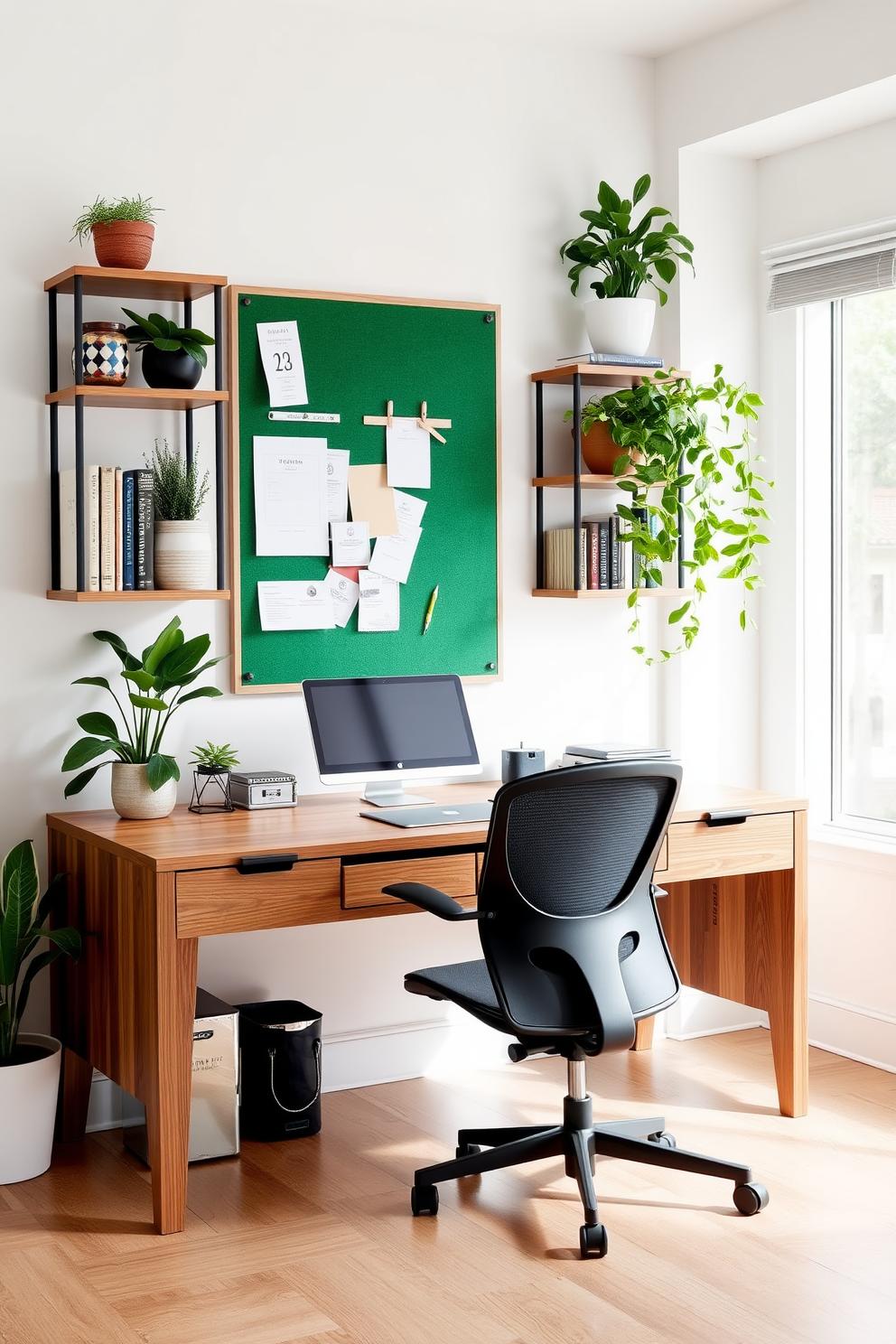 A stylish home office featuring a sleek wooden desk positioned against a wall. Above the desk, a green bulletin board is mounted for organization, surrounded by shelves filled with plants and books. The walls are painted in a soft white, creating a bright and airy atmosphere. A comfortable ergonomic chair complements the desk, and a large window allows natural light to flood the space.