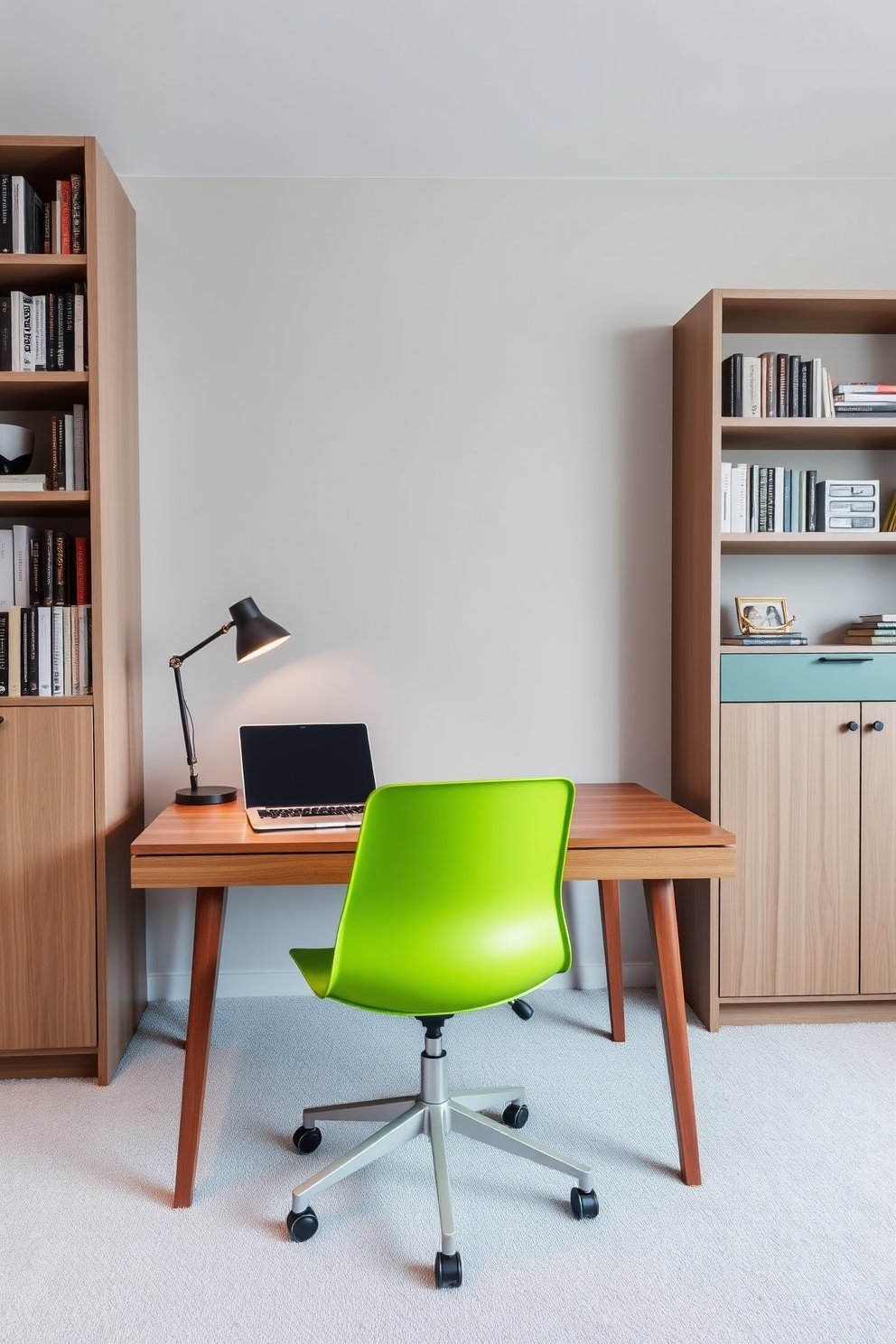 A stylish home office featuring a sleek wooden desk with a modern laptop on top. A vibrant green chair adds a pop of color, complementing the neutral tones of the room. The walls are painted in a soft gray, creating a calming atmosphere. Shelves filled with books and decorative items line one side of the room, enhancing the overall aesthetic.