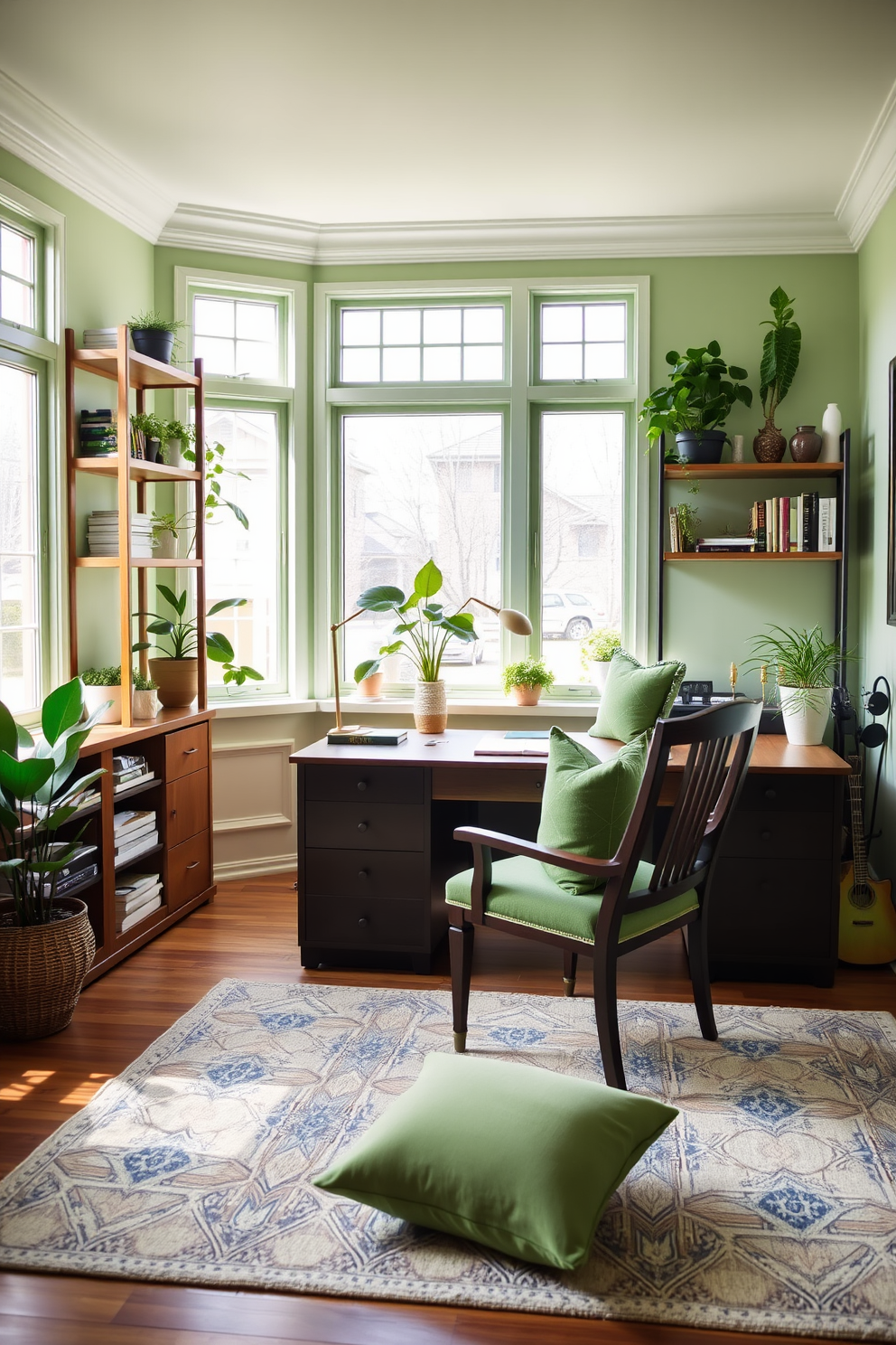 A serene home office space designed with a calming green color palette. A large wooden desk sits against the wall, complemented by a comfortable chair adorned with green decorative pillows for added comfort. Natural light floods the room through large windows, illuminating the soft green accents throughout the space. Shelves filled with books and plants create an inviting atmosphere, making it a perfect place for productivity and relaxation.