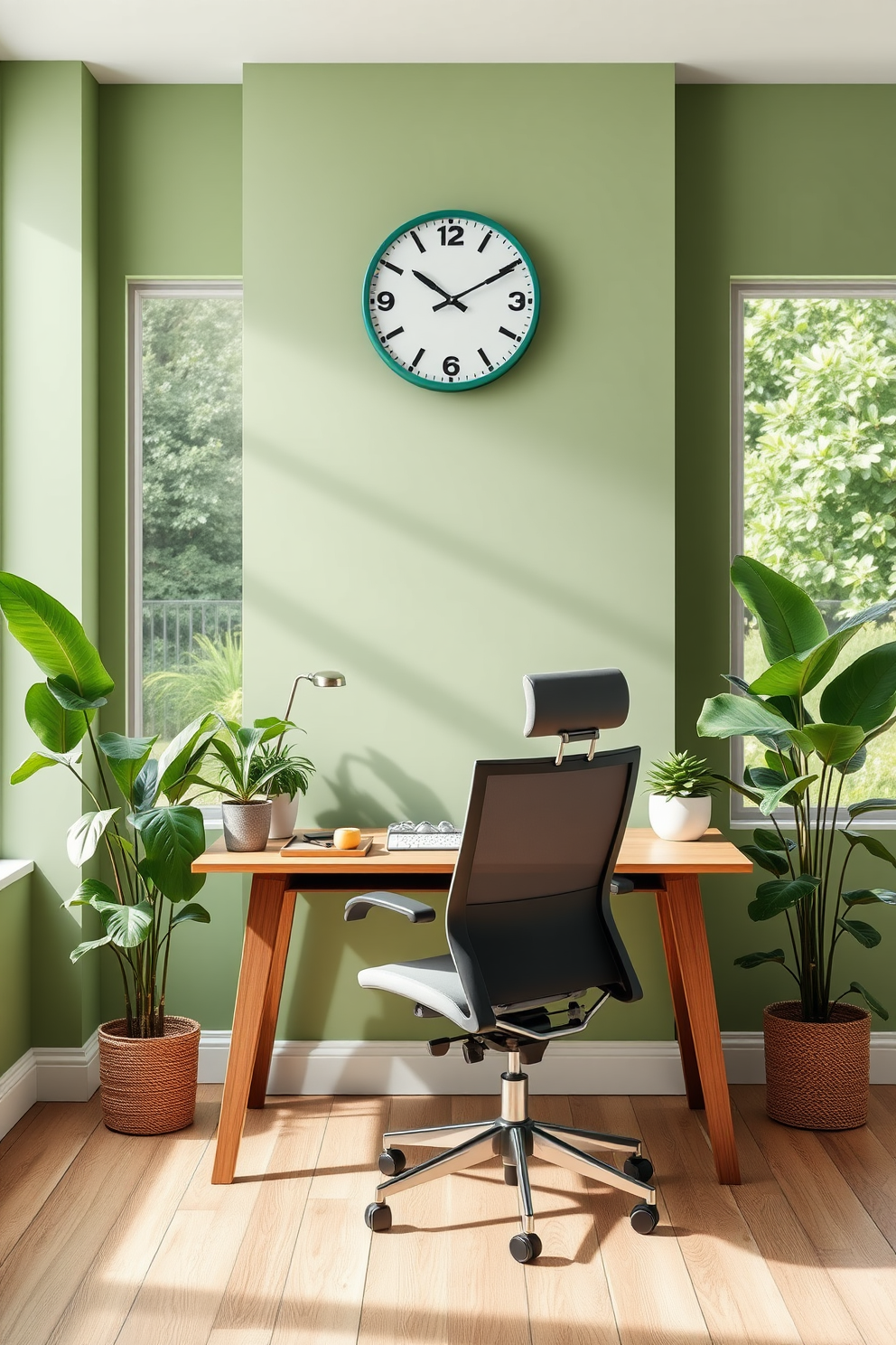 A serene home office space featuring a sleek wooden desk with a comfortable ergonomic chair. The walls are painted in a soft green hue, complemented by lush indoor plants that bring a touch of nature indoors. On the wall above the desk, a stylish green clock adds functionality and elegance. Natural light floods the room through large windows, enhancing the calming atmosphere with a view of a vibrant garden outside.