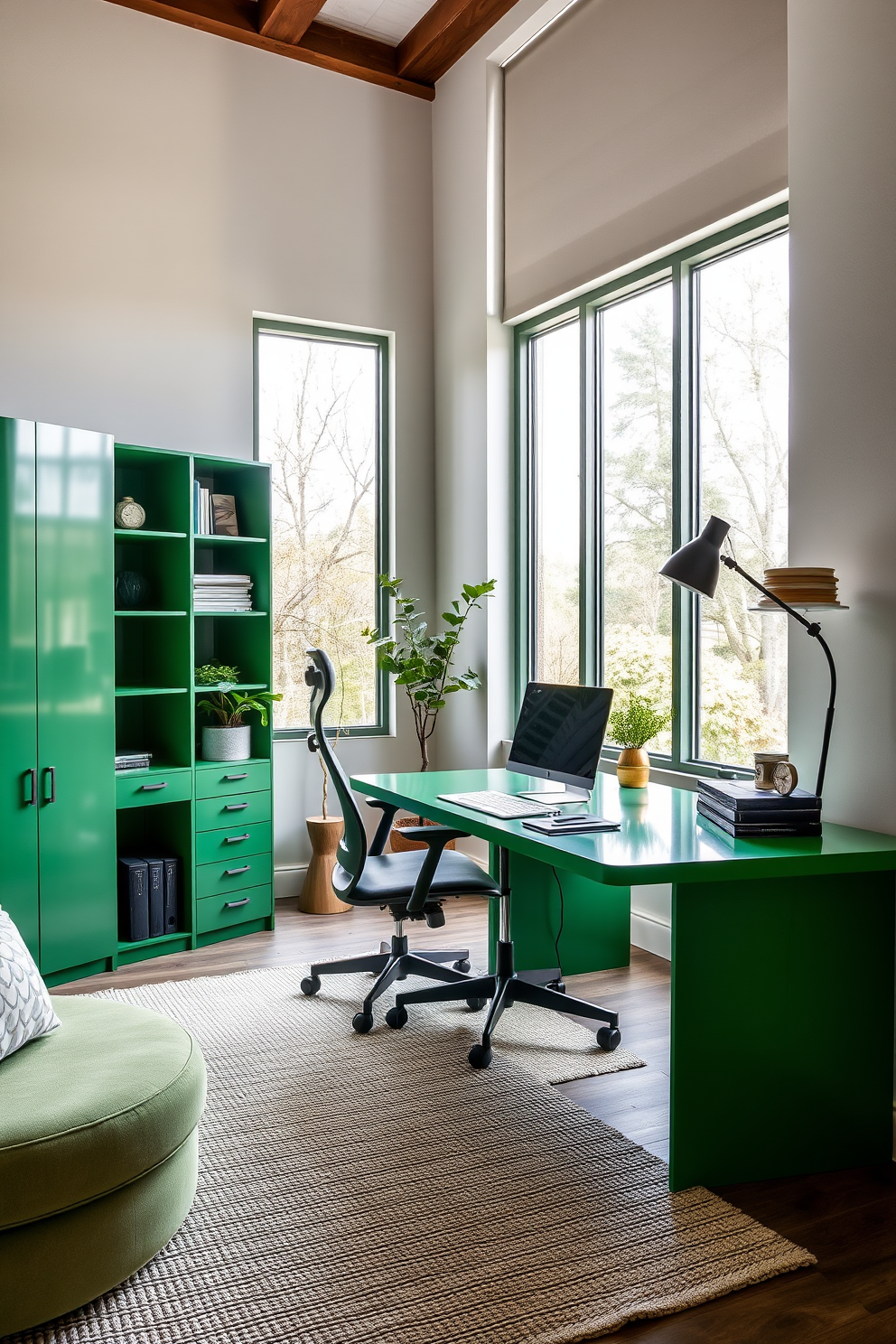 A serene home office setting that combines green with neutral tones for balance. The walls are painted in a soft sage green, while the furniture features light wood and cream accents. A sleek desk with a minimalist design sits against the wall, accompanied by a comfortable ergonomic chair. Natural light floods the space through large windows adorned with sheer white curtains, enhancing the calming atmosphere.