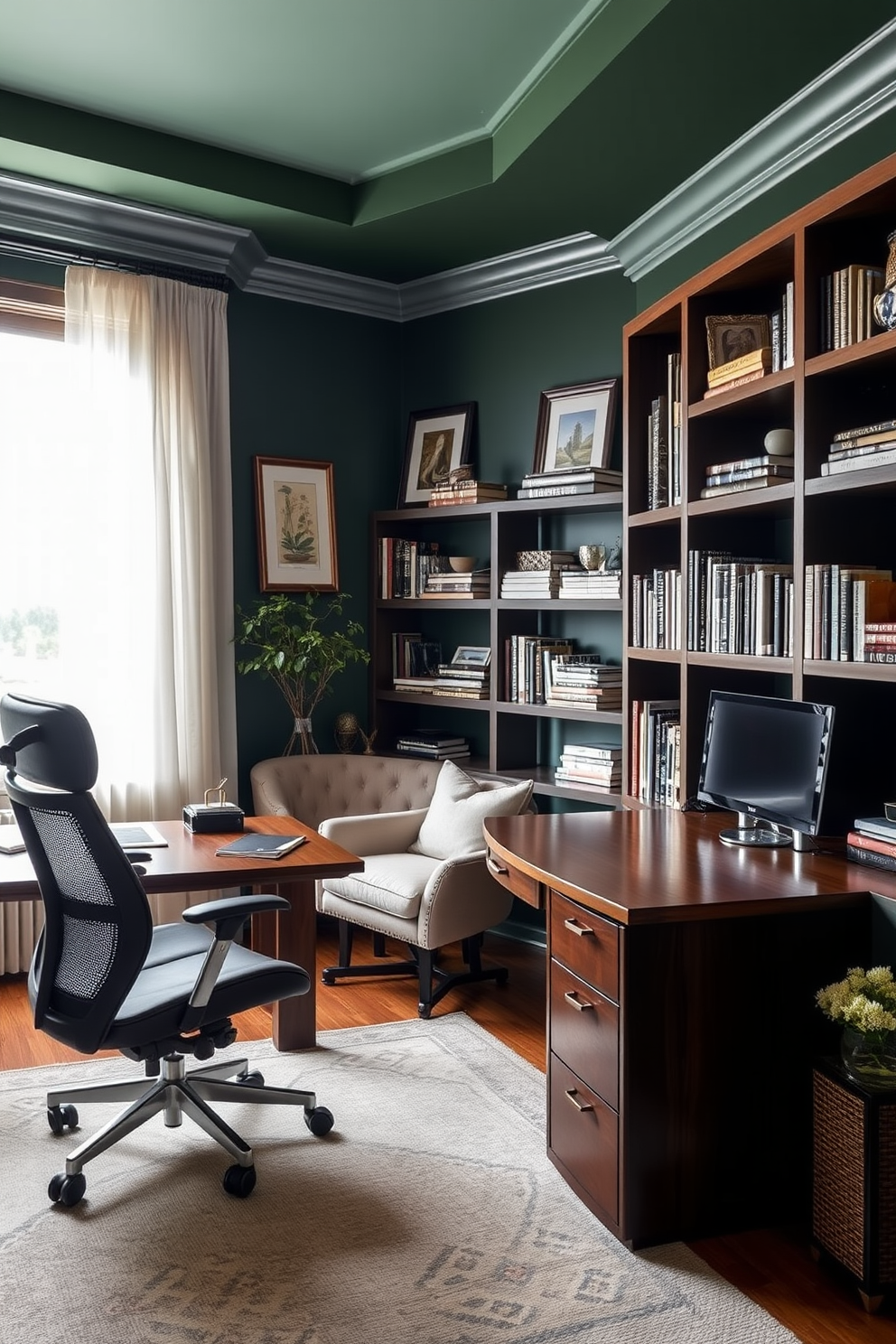 A serene home office with deep green accent walls creating a dramatic backdrop. The space features a sleek wooden desk paired with a comfortable ergonomic chair, complemented by gold accents in the lighting and decor. A large window allows natural light to flood the room, highlighting a lush indoor plant in the corner. Shelves filled with books and decorative items line one wall, adding character and warmth to the environment.