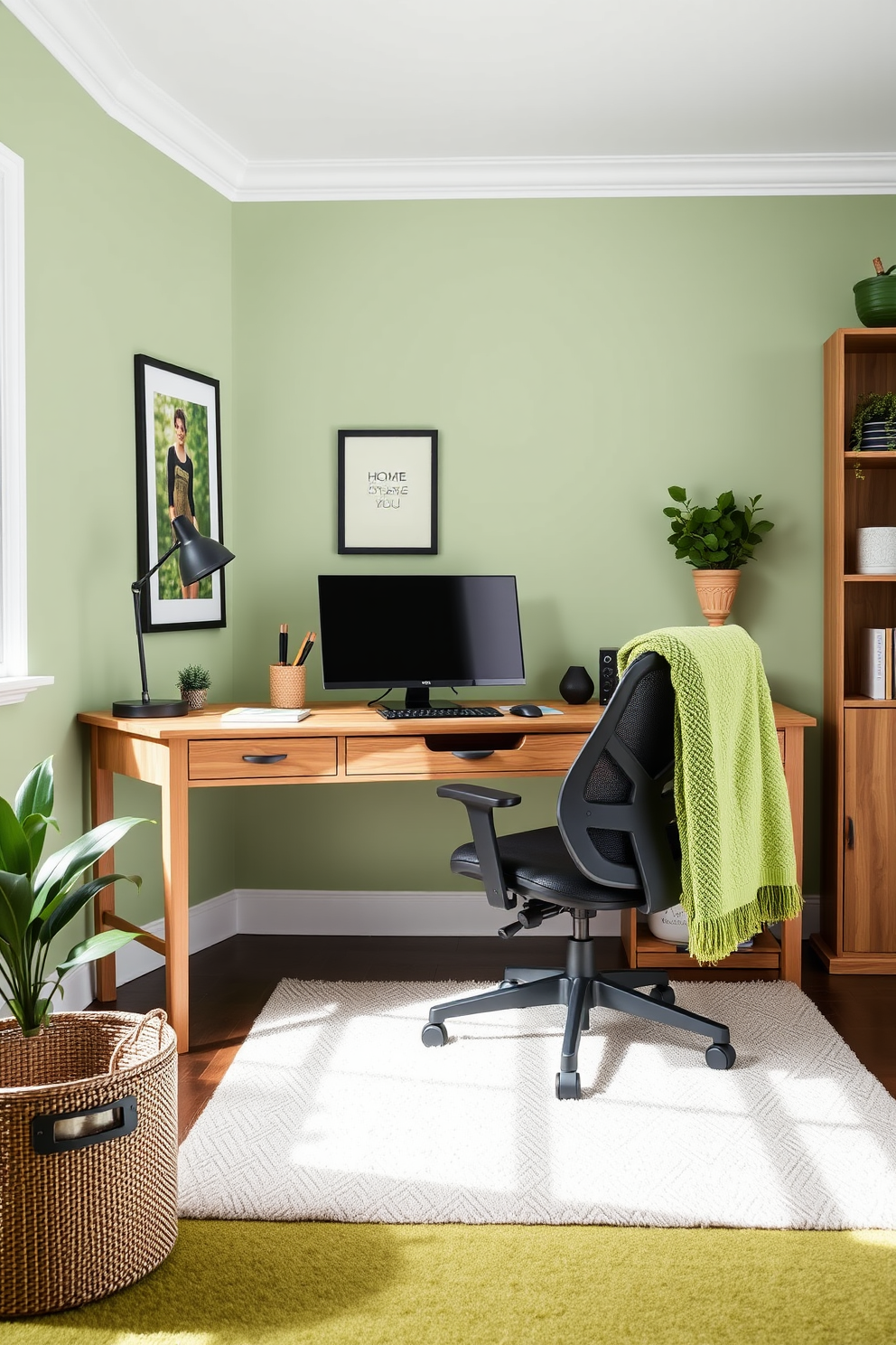 A cozy green home office is designed with a stylish wooden desk and a comfortable ergonomic chair. The walls are painted in a soft green hue, and a green throw blanket is draped over the chair for added warmth and coziness.