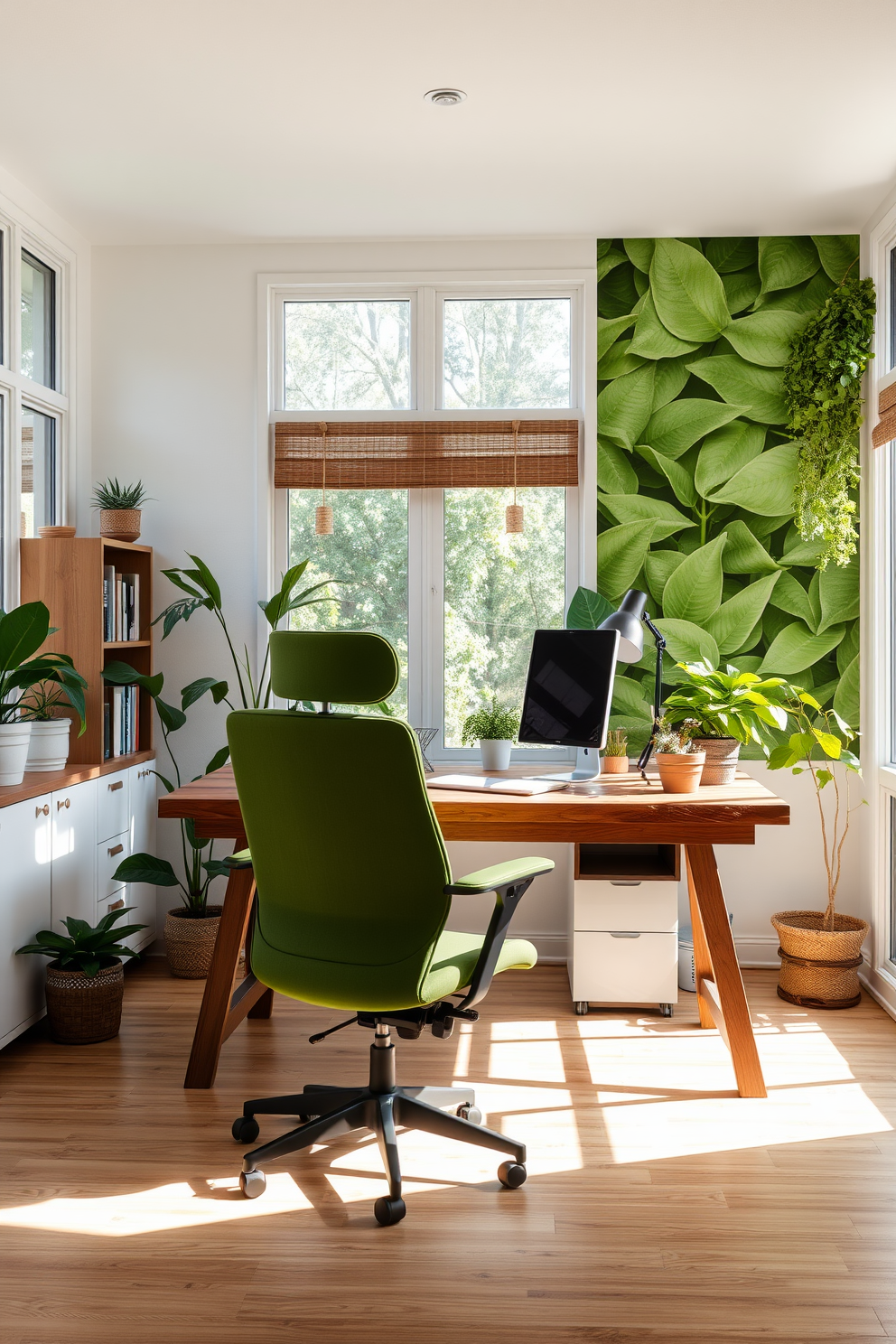 A bright and airy home office filled with natural light. Large windows allow sunlight to stream in, illuminating a workspace adorned with green accents like potted plants and a leafy wall mural. The desk is made of reclaimed wood, paired with a comfortable ergonomic chair in a soft green fabric. Shelves lined with books and decorative items complement the serene atmosphere, creating an inspiring environment for productivity.