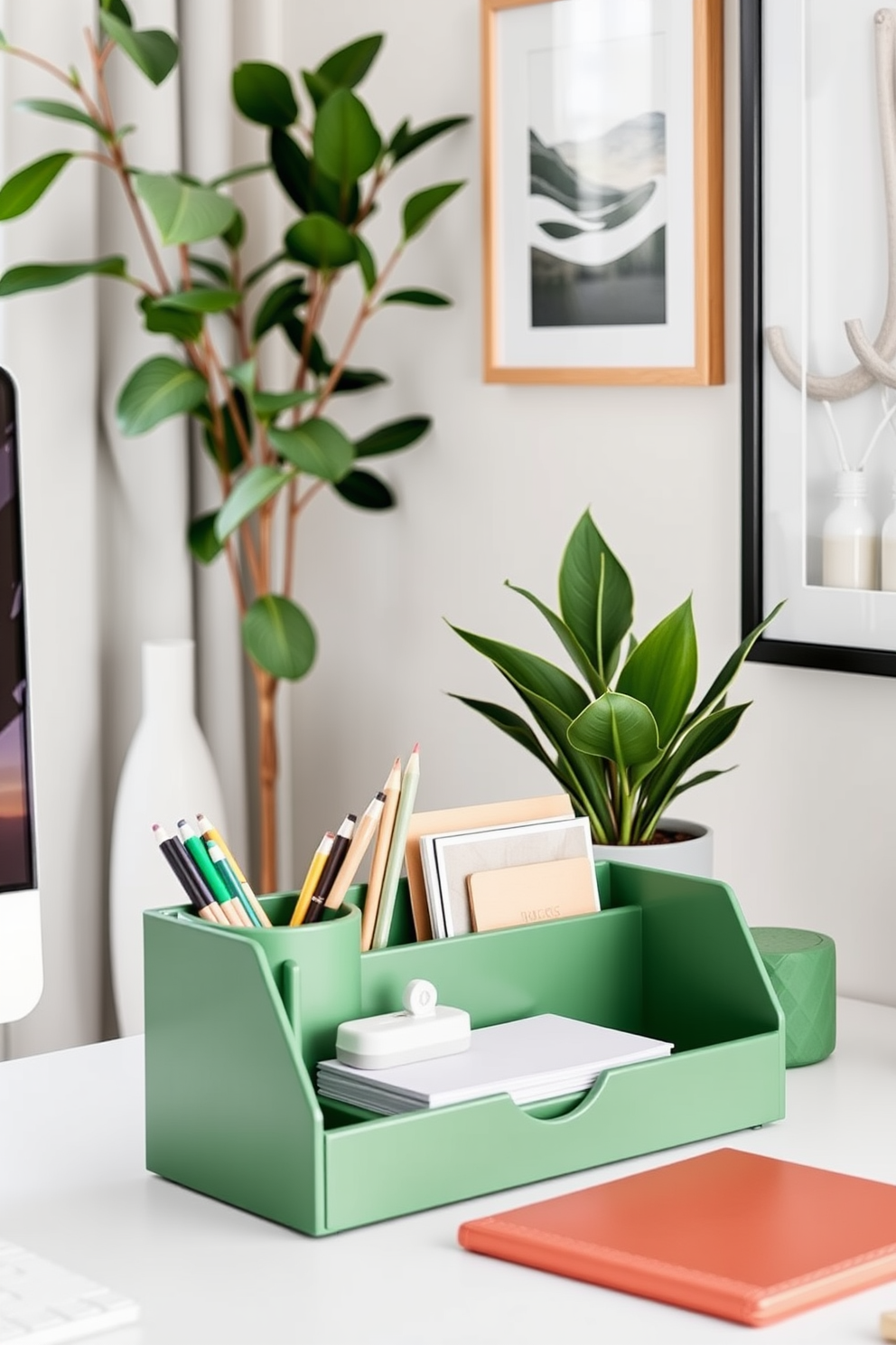 A modern home office featuring a sleek wooden desk positioned against a light gray wall. On the desk, a green desk lamp provides focused lighting, complemented by a comfortable ergonomic chair and a potted plant for a touch of nature. The room is accented with floating shelves displaying books and decorative items. A soft area rug in neutral tones lies beneath the desk, adding warmth to the space while maintaining a clean and organized look.