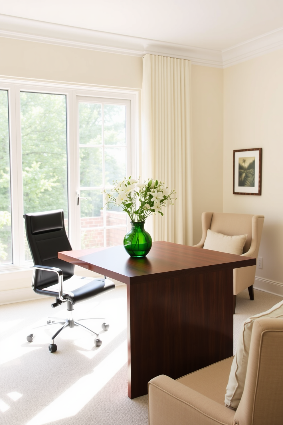 A serene home office with a calming atmosphere. There's a sleek wooden desk positioned near a large window, allowing natural light to flood the space. On the desk, a green vase holds fresh flowers, adding a touch of nature. The walls are painted in a soft cream color, complemented by a cozy armchair in the corner for reading or relaxation.