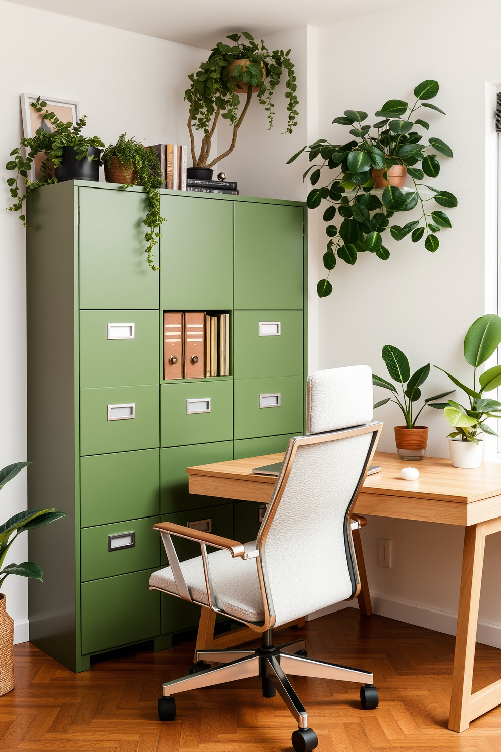 A serene home office designed with a green bulletin board mounted on the wall for notes and inspiration. The workspace features a sleek wooden desk paired with an ergonomic chair, surrounded by indoor plants that enhance the calming atmosphere. The walls are painted in a soft cream color, creating a bright and inviting environment. A large window allows natural light to flood the space, while a stylish bookshelf filled with books and decorative items adds personality to the room.