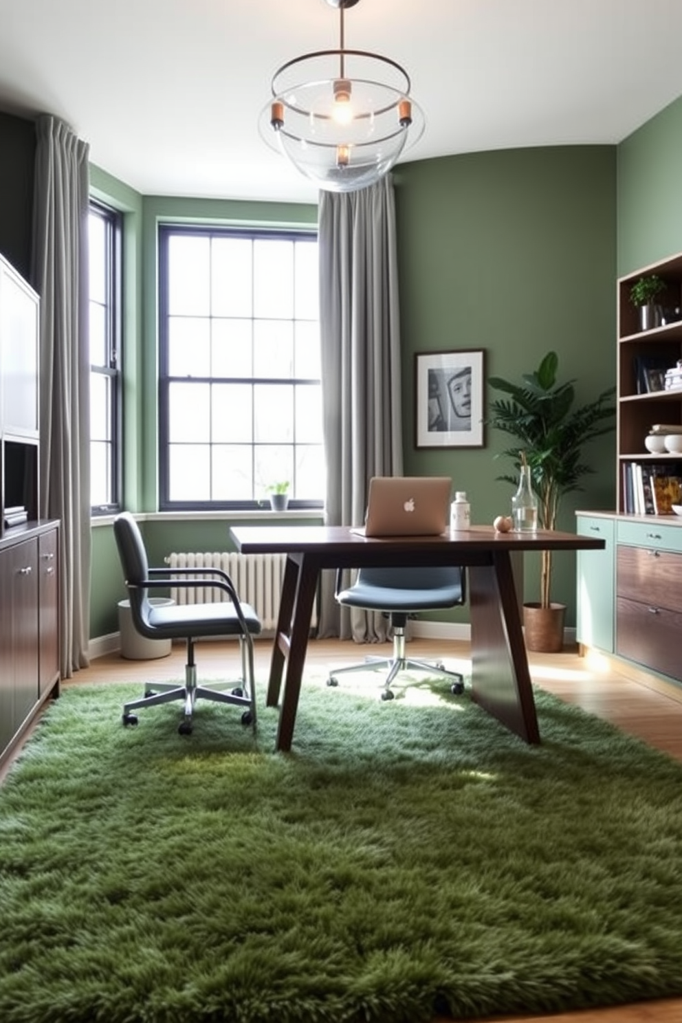 A cozy green home office with a plush green rug anchoring the area. The room features a sleek wooden desk positioned near a large window, allowing natural light to flood the space.