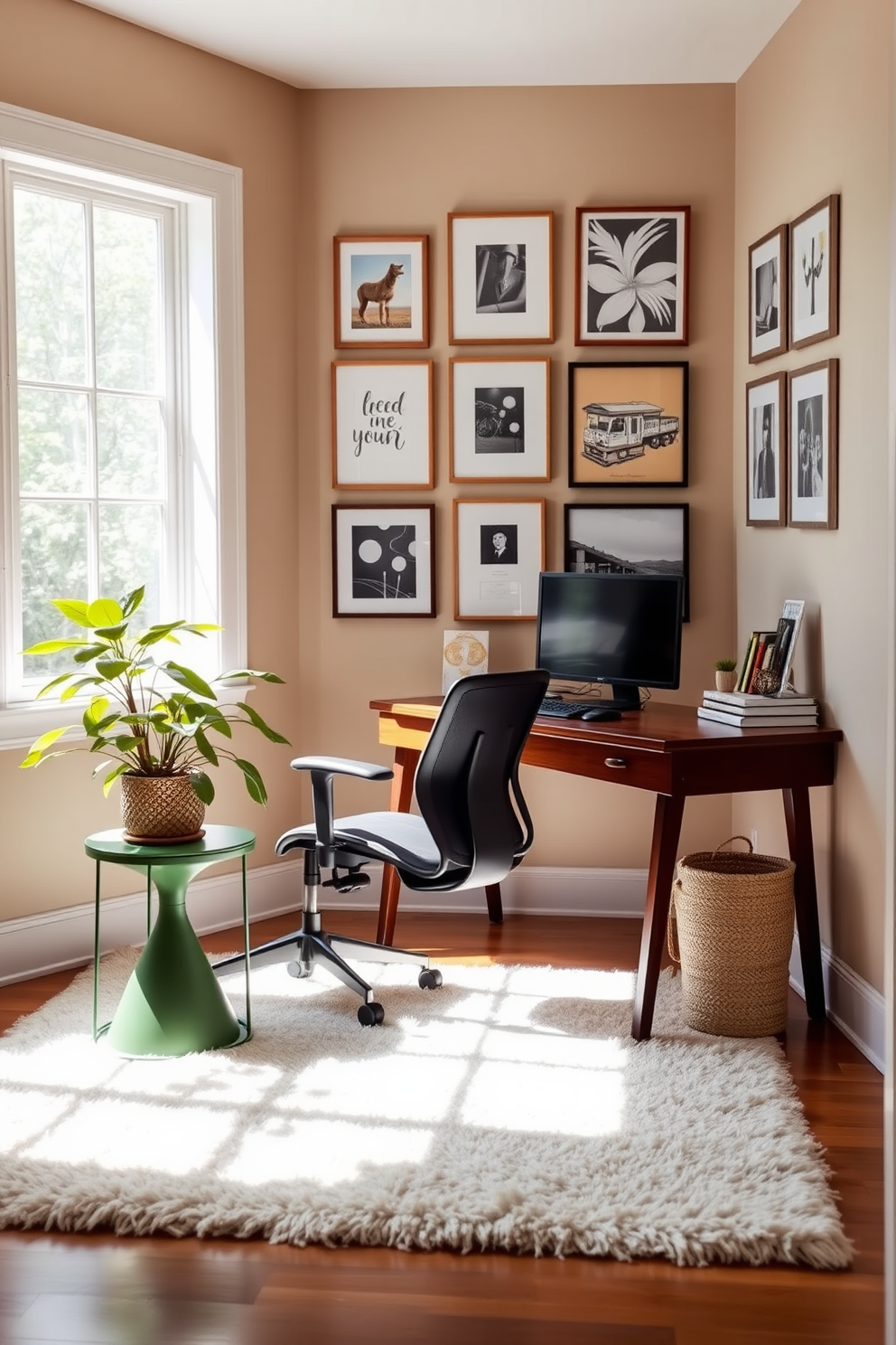 A serene home office space featuring a sleek wooden desk positioned against a wall adorned with a gallery of framed artwork. Natural light floods the room through a large window, highlighting a comfortable ergonomic chair and a lush indoor plant in the corner. Incorporating a green side table next to the desk provides additional surface space for books and decor. The walls are painted in a soft beige tone, complemented by a plush area rug that adds warmth to the overall design.