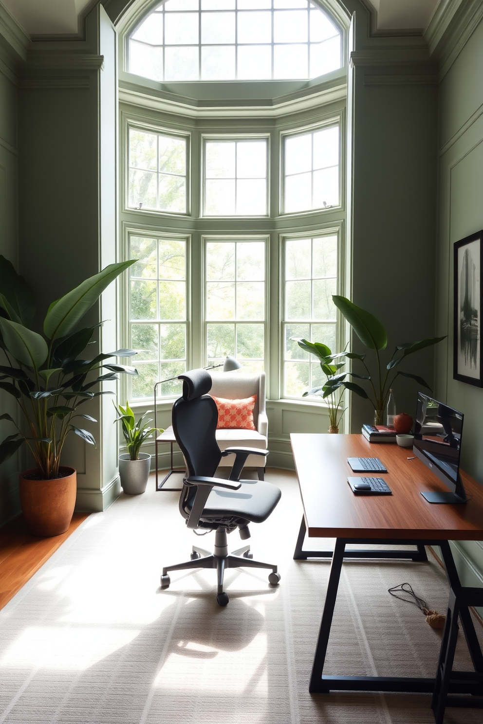 A serene home office space with green paint accentuating the architectural features such as crown molding and window trim. The desk is a sleek wooden design paired with a comfortable ergonomic chair, and large plants are placed in the corners to enhance the calming atmosphere. The walls are painted in a soft sage green, creating a refreshing backdrop for the room. Natural light floods in through large windows, illuminating a cozy reading nook with a plush armchair and a small side table.