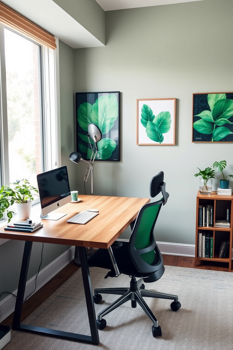 A serene home office space designed for productivity and inspiration. The walls are adorned with vibrant green art prints that bring a touch of nature indoors. A sleek wooden desk is positioned in front of a large window, allowing natural light to flood the room. A comfortable ergonomic chair complements the desk, while a small bookshelf filled with greenery and books adds charm to the space.