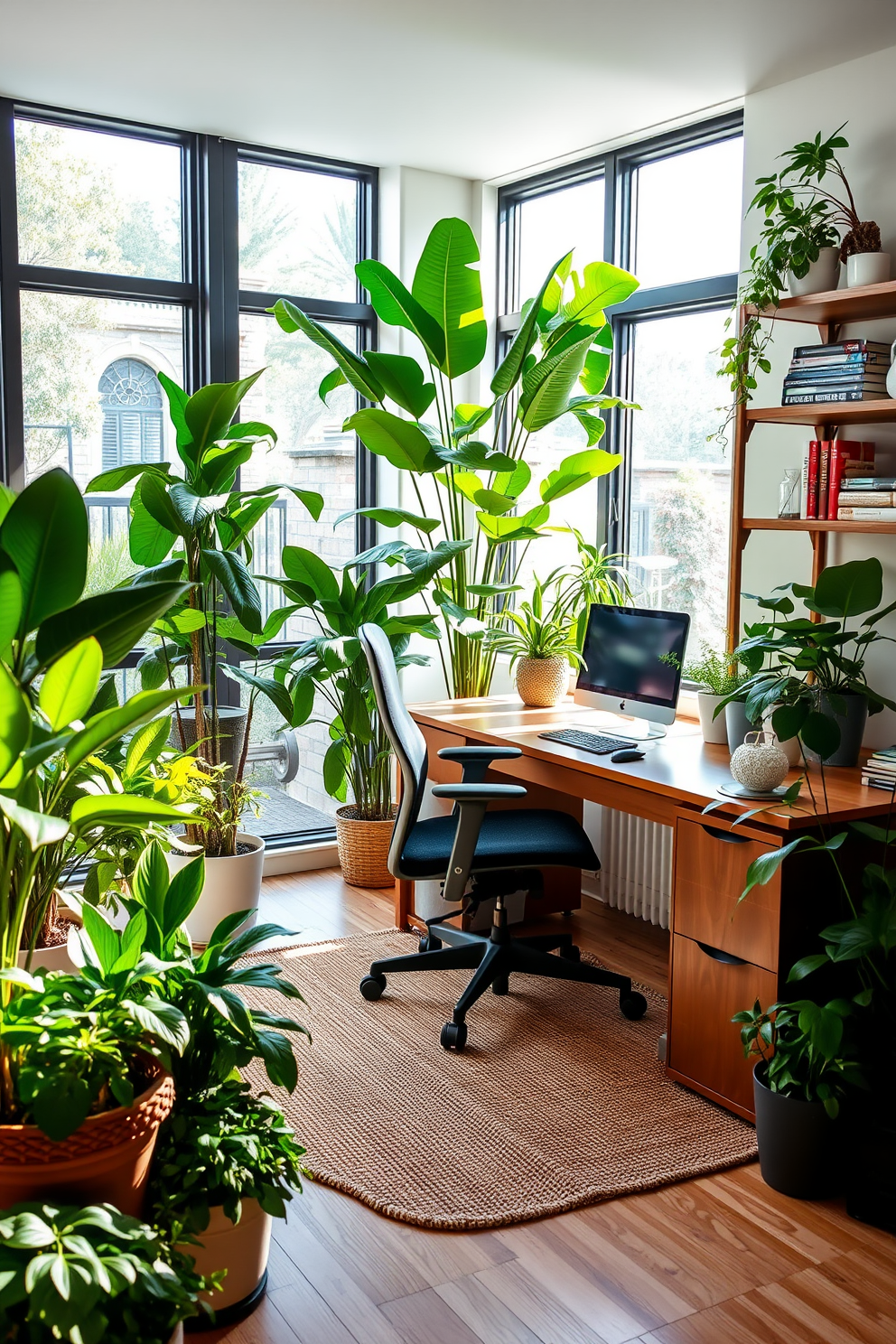 A serene home office setting that incorporates various indoor plants as natural decor elements. The workspace features a sleek wooden desk with a comfortable ergonomic chair, surrounded by lush greenery in stylish pots. Large windows allow natural light to flood the room, enhancing the vibrant colors of the plants. A soft area rug adds warmth to the space, while shelves filled with books and decorative items complete the inviting atmosphere.