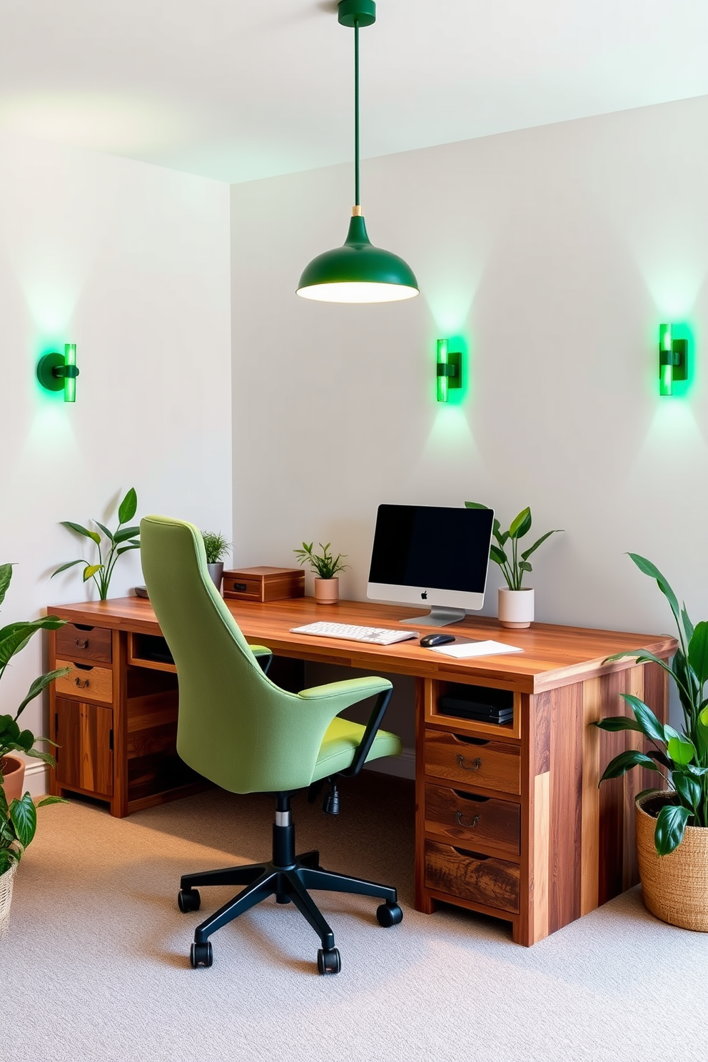 A stylish home office that emphasizes sustainability and comfort. The design features a large wooden desk made from reclaimed materials, paired with an ergonomic chair in a soft green fabric. Green lighting fixtures are installed to create a warm ambiance, including a pendant light above the desk and adjustable wall sconces. The walls are painted in a light neutral tone, while plants are strategically placed around the room to enhance the connection to nature.