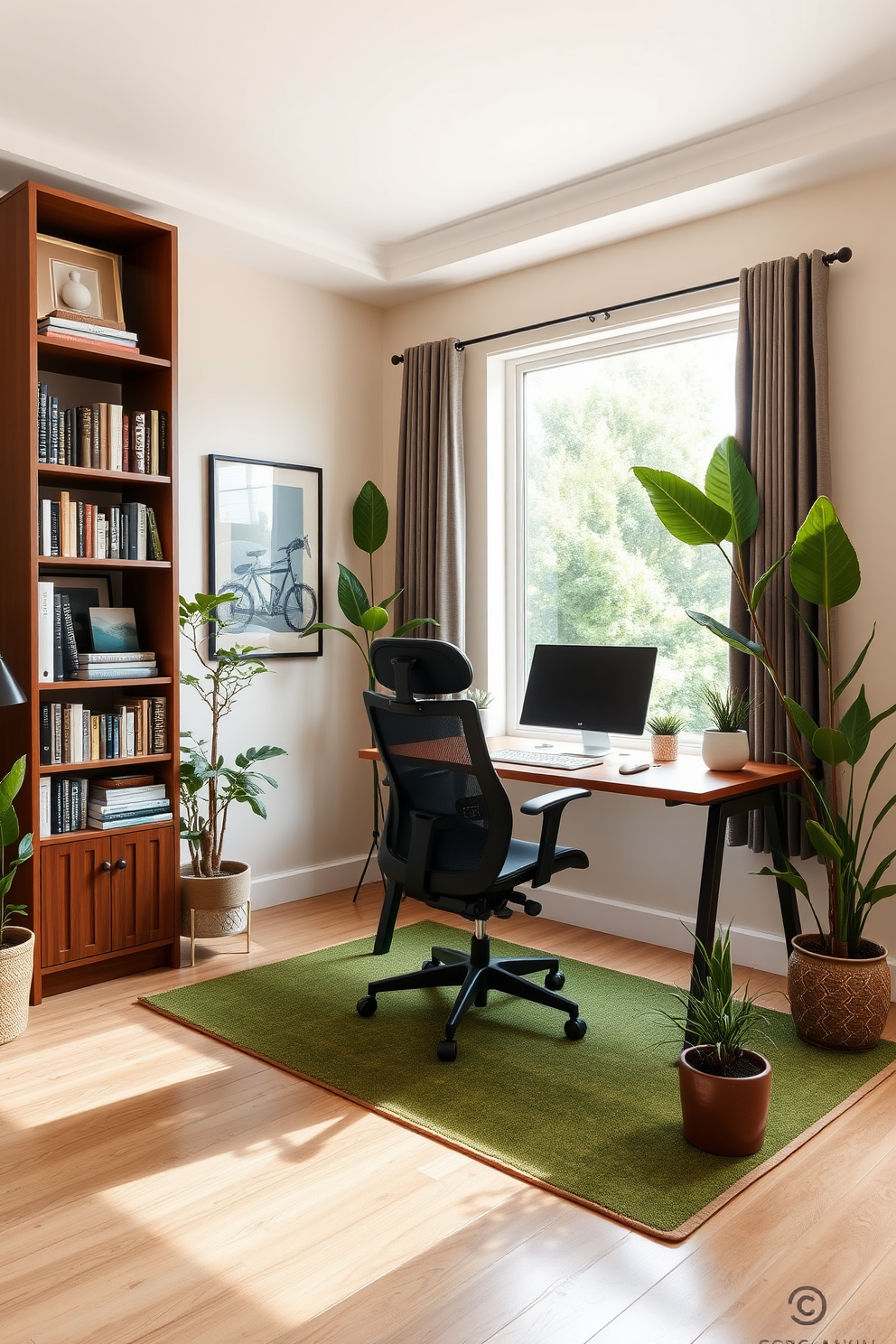 A serene home office setting designed for productivity and comfort. The space features a sleek wooden desk with a modern ergonomic chair and a large window that allows natural light to flood in. The walls are painted in a soft cream color, creating a calming atmosphere. A green area rug is placed under the desk, adding warmth and texture to the room. To the left of the desk, a tall bookshelf filled with books and decorative items enhances the design. Potted plants are strategically placed around the room, bringing a touch of nature indoors.