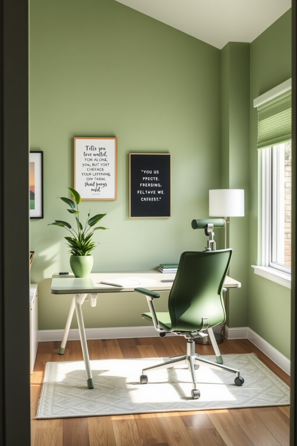 A serene home office space featuring a large wooden desk with a sleek design. The walls are adorned with soft green fabric panels, creating a calming atmosphere complemented by a plush green chair. Natural light streams in through large windows, illuminating the room with a warm glow. Shelves made of reclaimed wood display books and plants, adding a touch of nature to the workspace.