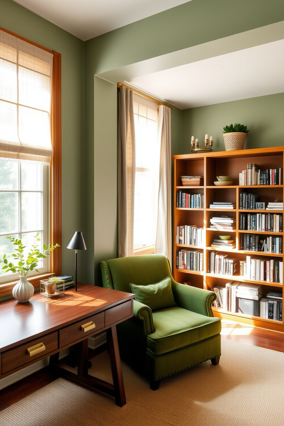 A serene home office featuring a mix of green accents and warm wood tones. The walls are painted in a soft sage green, complemented by a rich wooden desk that adds warmth to the space. A cozy reading nook is created with a plush green armchair positioned beside a wooden bookshelf filled with books and decorative items. Natural light floods the room through large windows adorned with simple linen curtains, enhancing the tranquil atmosphere.