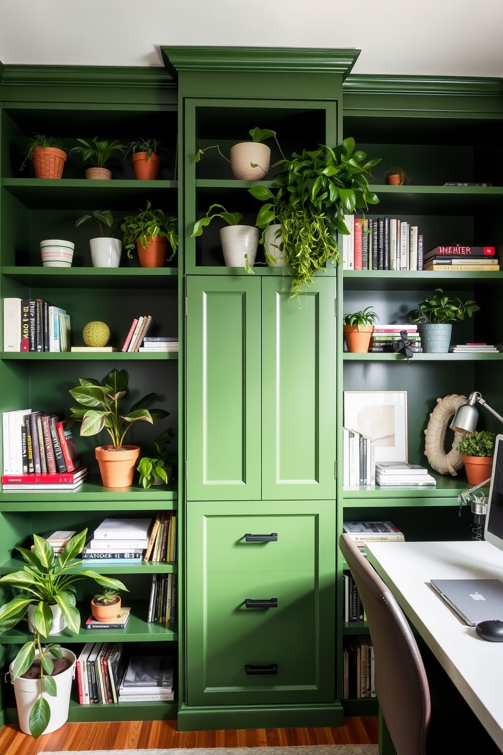 A stylish green home office featuring custom-built green shelving for efficient storage solutions. The shelving is adorned with potted plants and organized books, creating a vibrant and inviting workspace atmosphere.