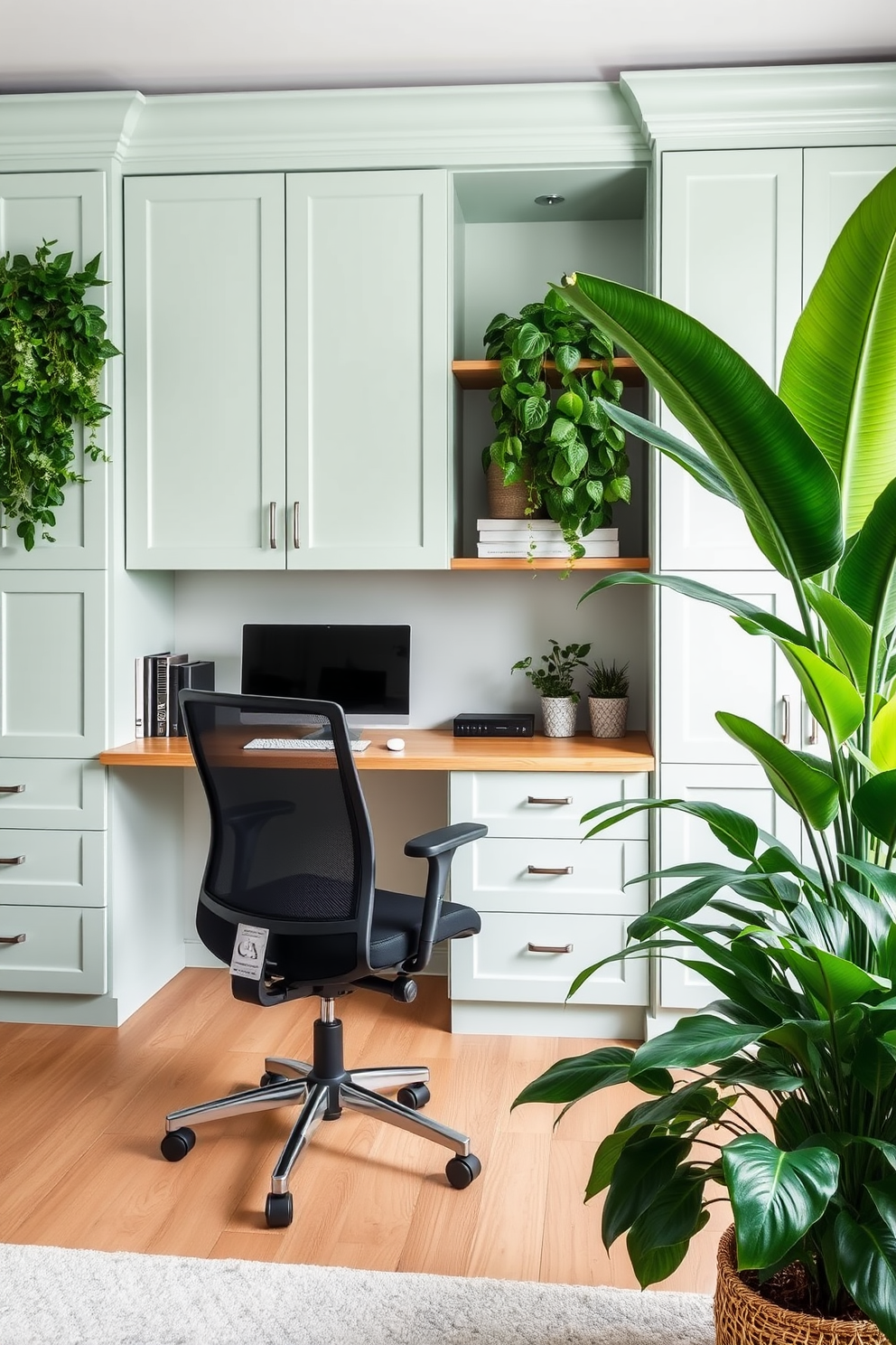 A serene home office setting with cabinets painted in a soft mint hue. The workspace features a sleek wooden desk paired with an ergonomic chair, surrounded by lush indoor plants for a refreshing touch.