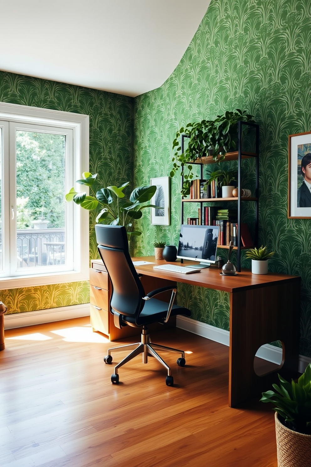 A modern home office featuring green lighting fixtures that provide a calming ambiance. The desk is made of reclaimed wood with a sleek design, complemented by a comfortable ergonomic chair in a soft fabric. The walls are painted in a light neutral tone, adorned with indoor plants that enhance the green theme. A stylish bookshelf filled with books and decorative items adds character to the space, while a large window allows natural light to flood in.