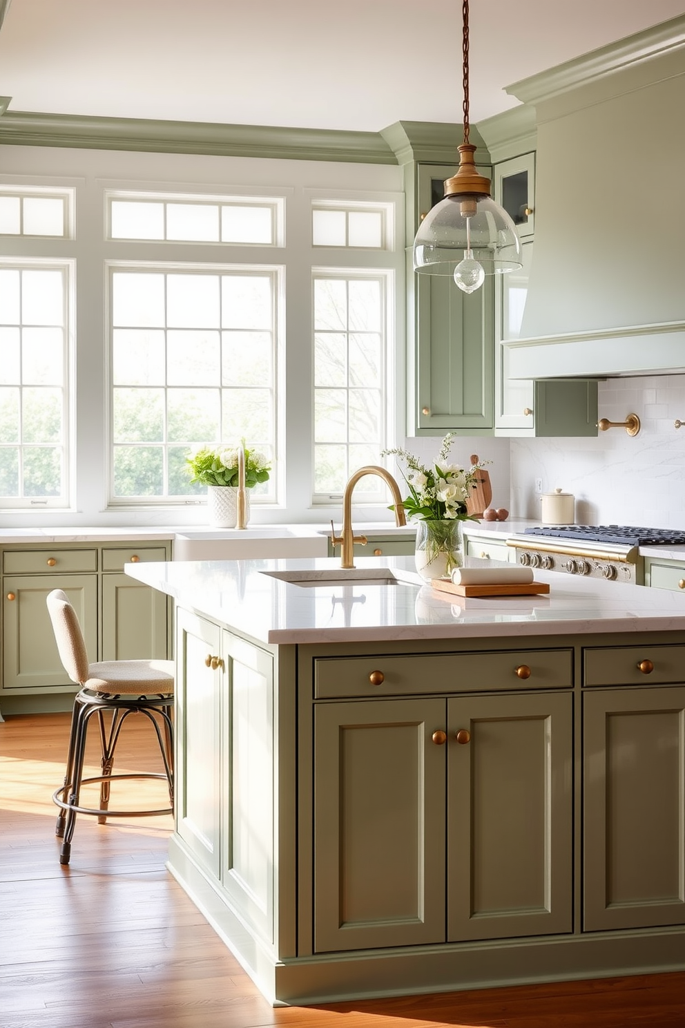 Sage green cabinets with brass hardware create a refreshing and elegant kitchen atmosphere. The cabinets are complemented by a white marble backsplash and a large farmhouse sink, enhancing the overall aesthetic. A spacious kitchen island with a quartz countertop serves as the centerpiece, surrounded by stylish bar stools. Natural light floods the space through large windows, illuminating the warm wooden flooring and creating a welcoming ambiance.